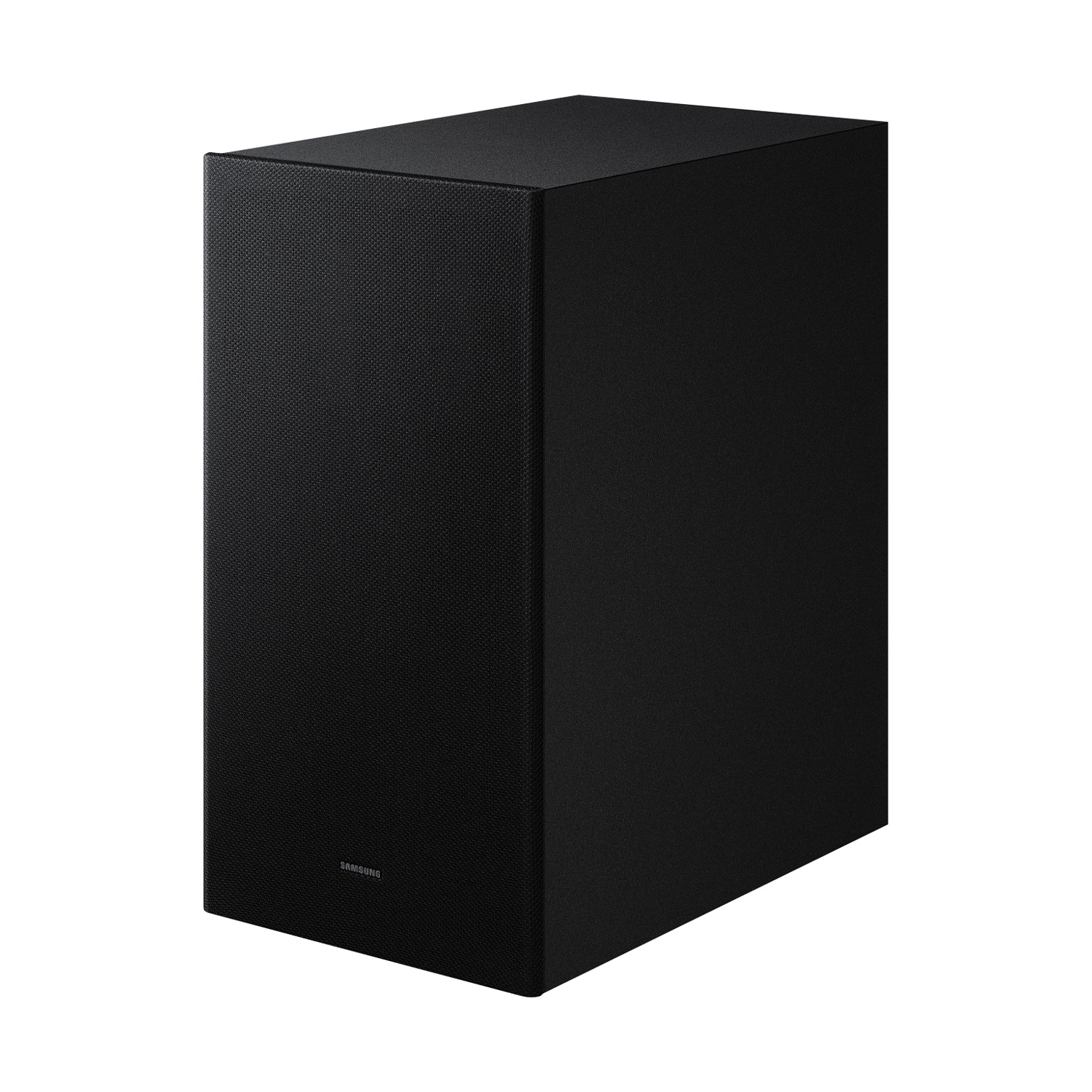 Subwoofer rettangolare nero con finitura testurizzata e logo Samsung.