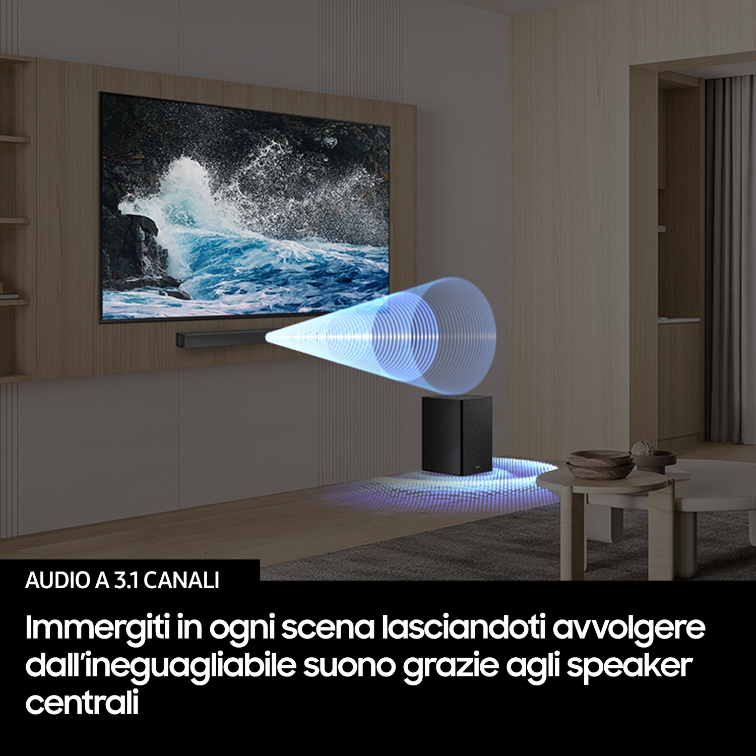 Un subwoofer e soundbar neri davanti a un TV che mostra un'onda.