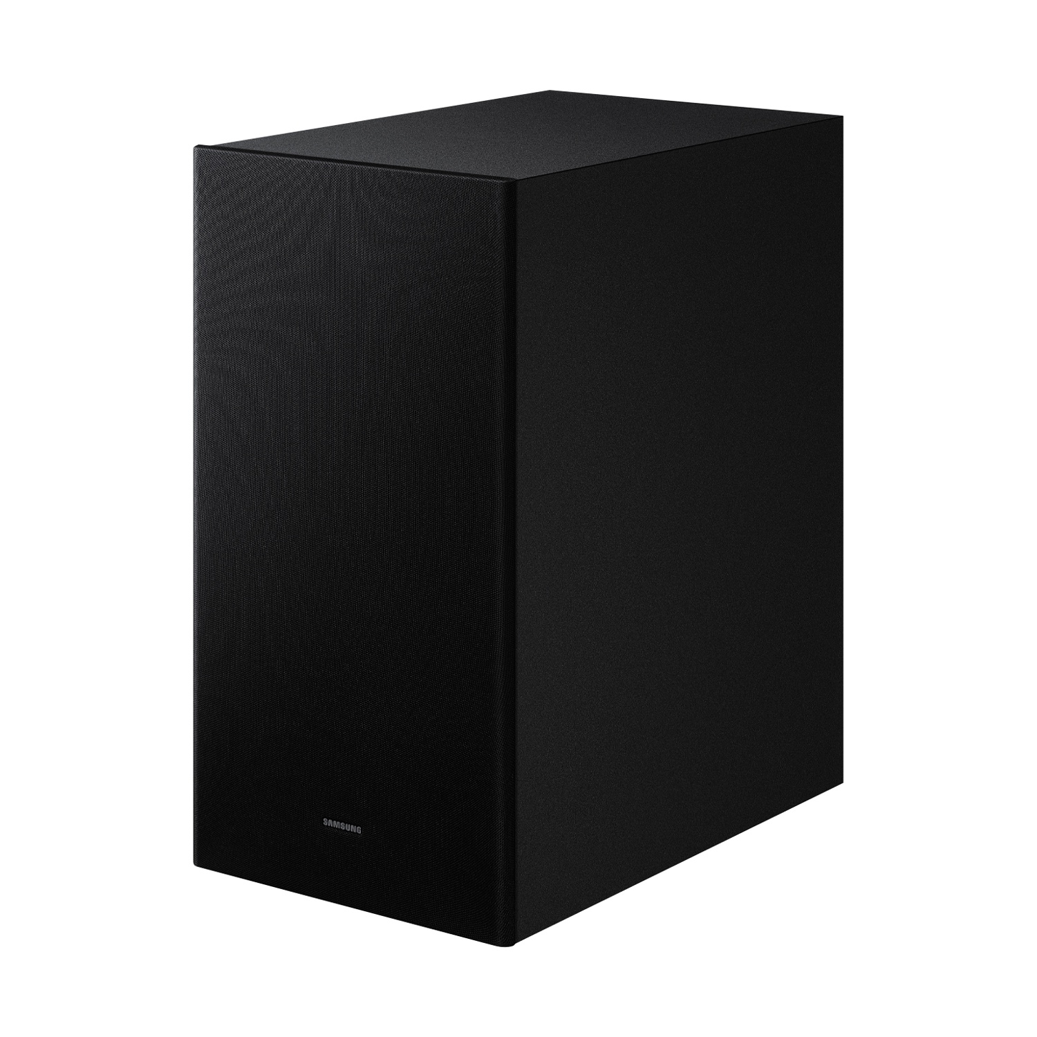 Un subwoofer Samsung nero con griglia in tessuto, isolato su sfondo bianco.