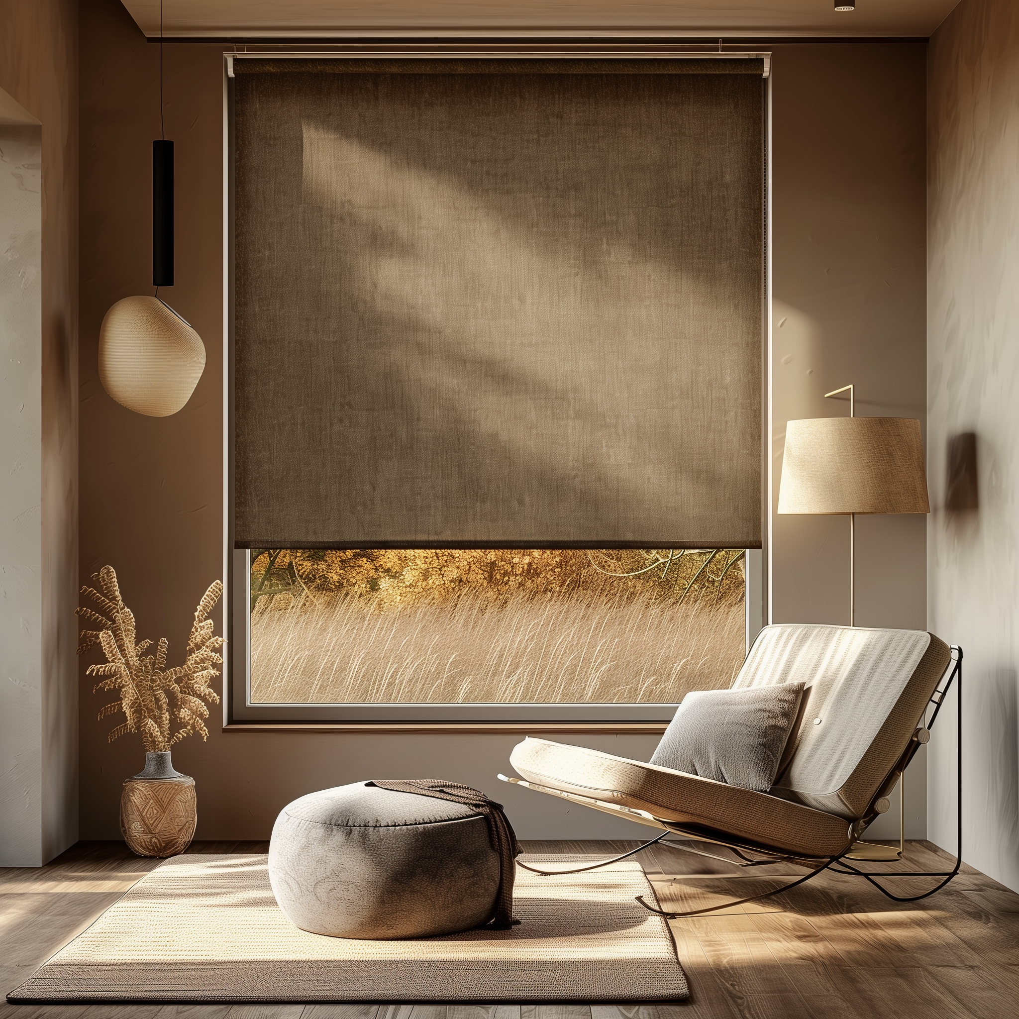 Ein Sessel mit Kissen, Hocker, Teppich und Lampe vor einem Fenster mit Rollos.