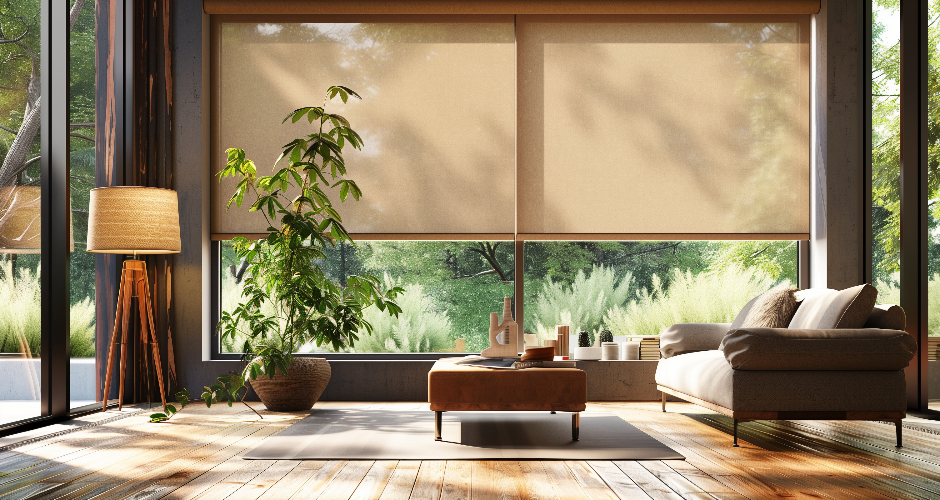 Ein Wohnzimmer mit großer Fensterfront, Sofa, Beistelltisch, Lampe und Pflanze.