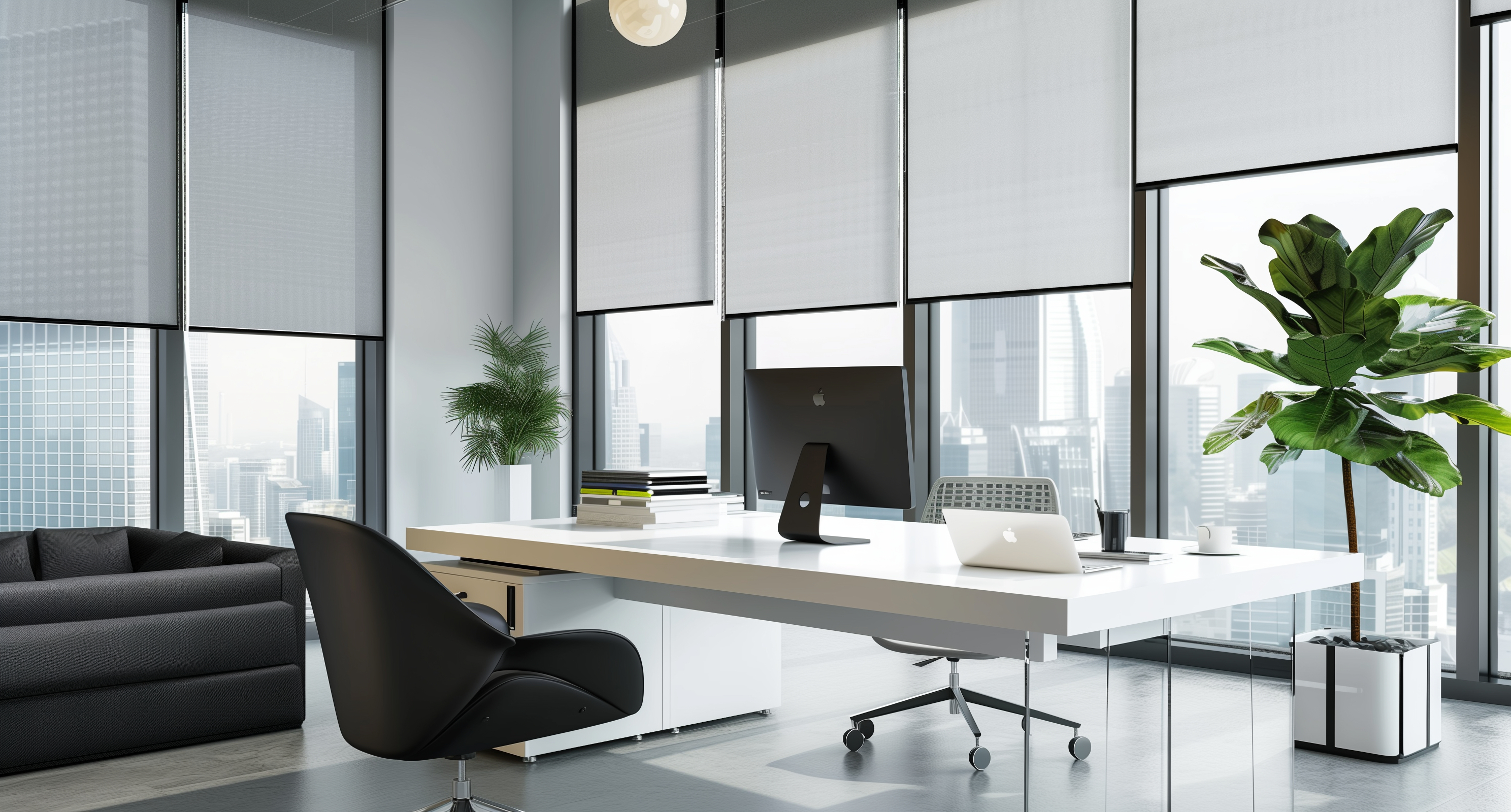 Modernes Büro mit Schreibtisch, Laptop, Computern, Pflanzen und Stadtblick.