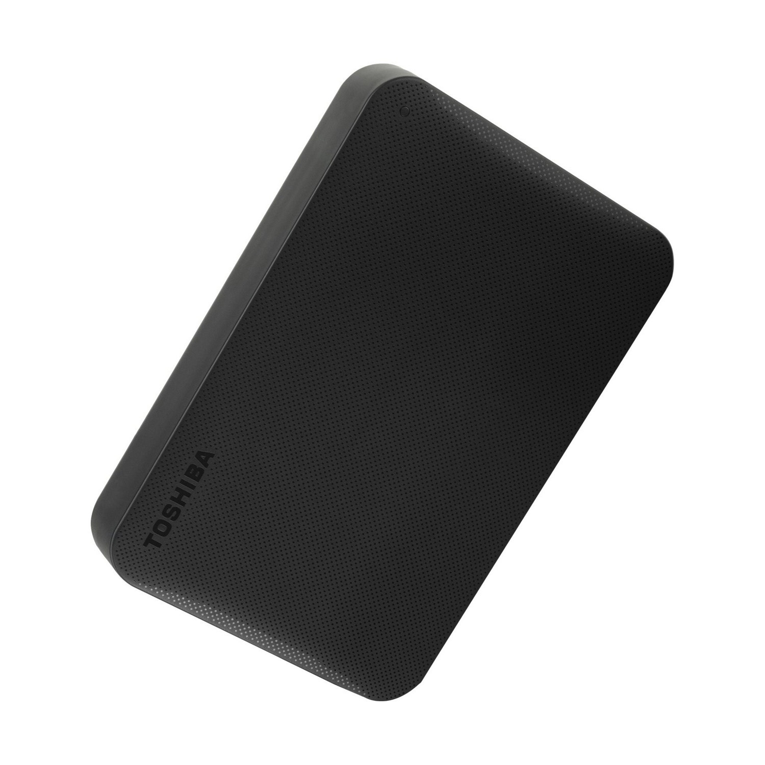 Hard disk esterno Toshiba nero con superficie superiore forata.