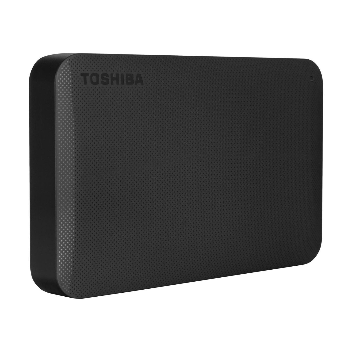 Hard disk esterno Toshiba nero con motivo a punti su sfondo bianco.