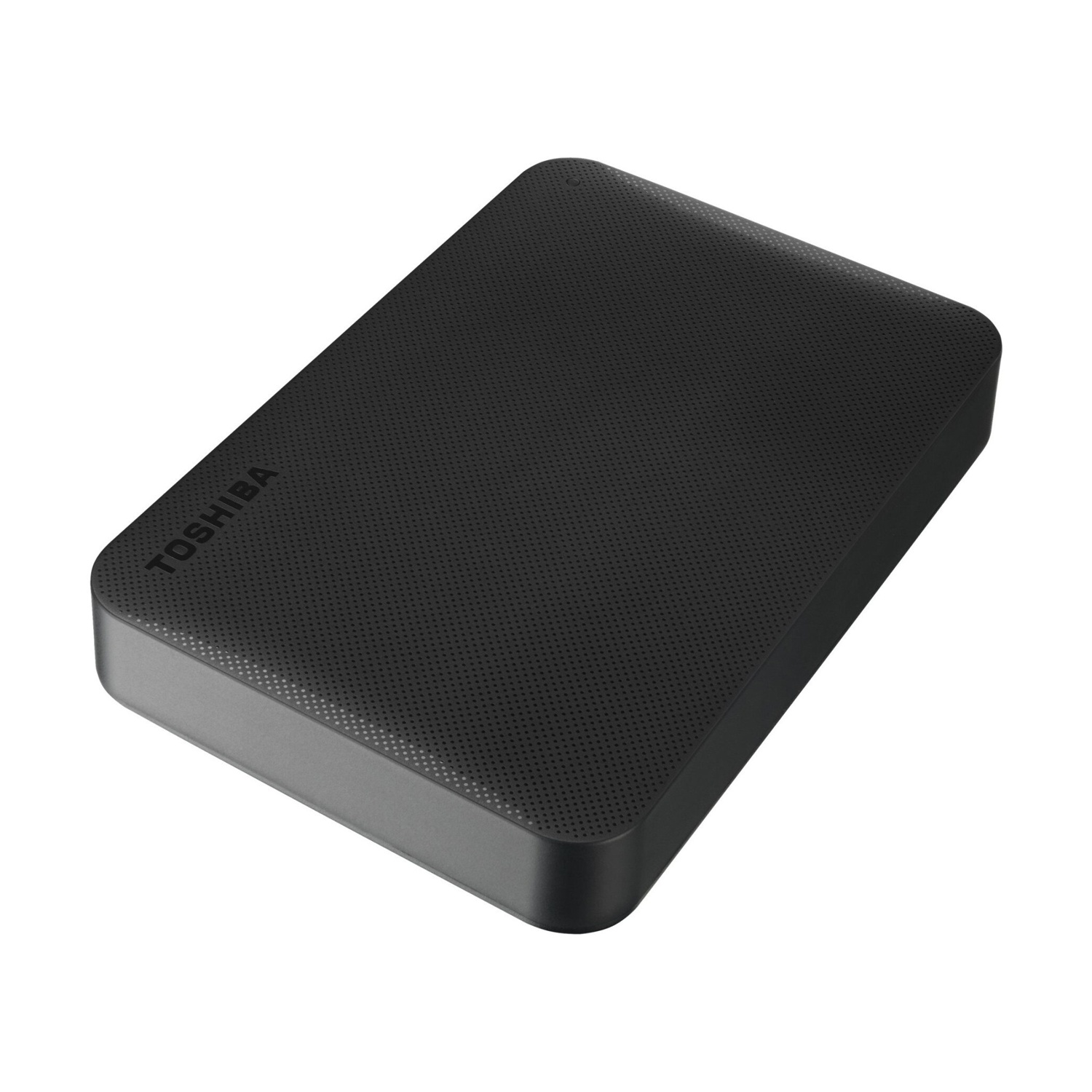 Hard disk esterno Toshiba nero con motivo perforato.