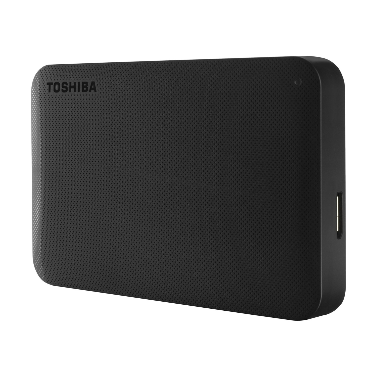 Hard disk esterno Toshiba nero con superficie forata e porta USB.