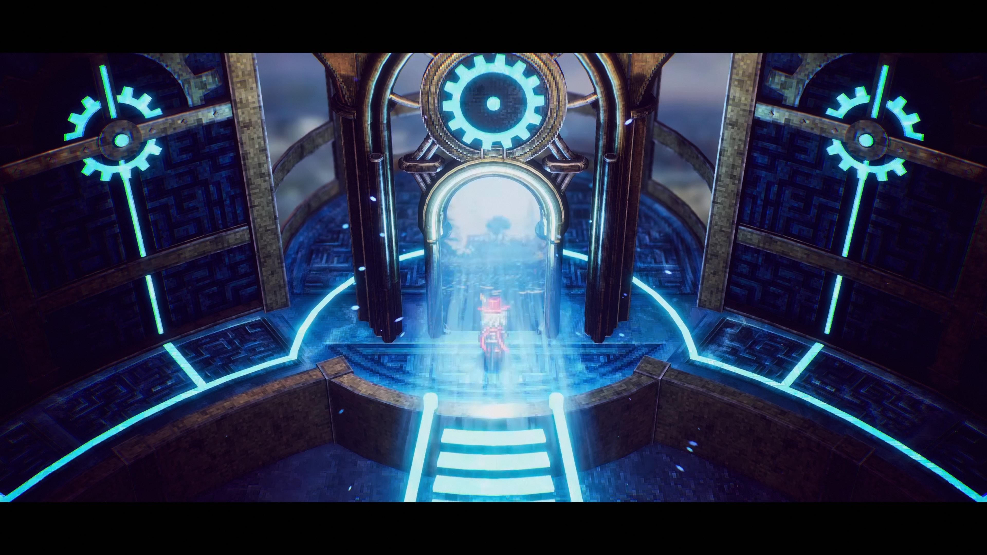 Eine Figur in rotem Outfit steht vor einem Portal mit blauen Lichtern und Zahnrädern.