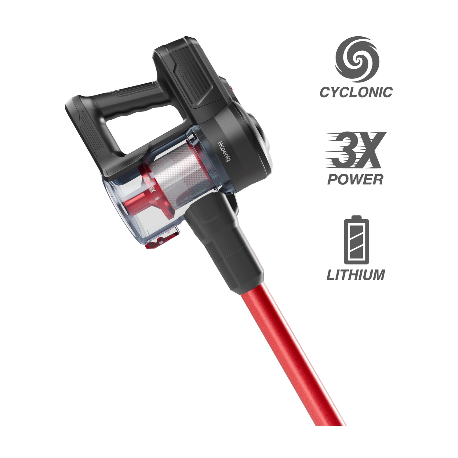 Aspirapolvere nero portatile con tubo rosso e icone ciclonico, 3X potenza, litio.