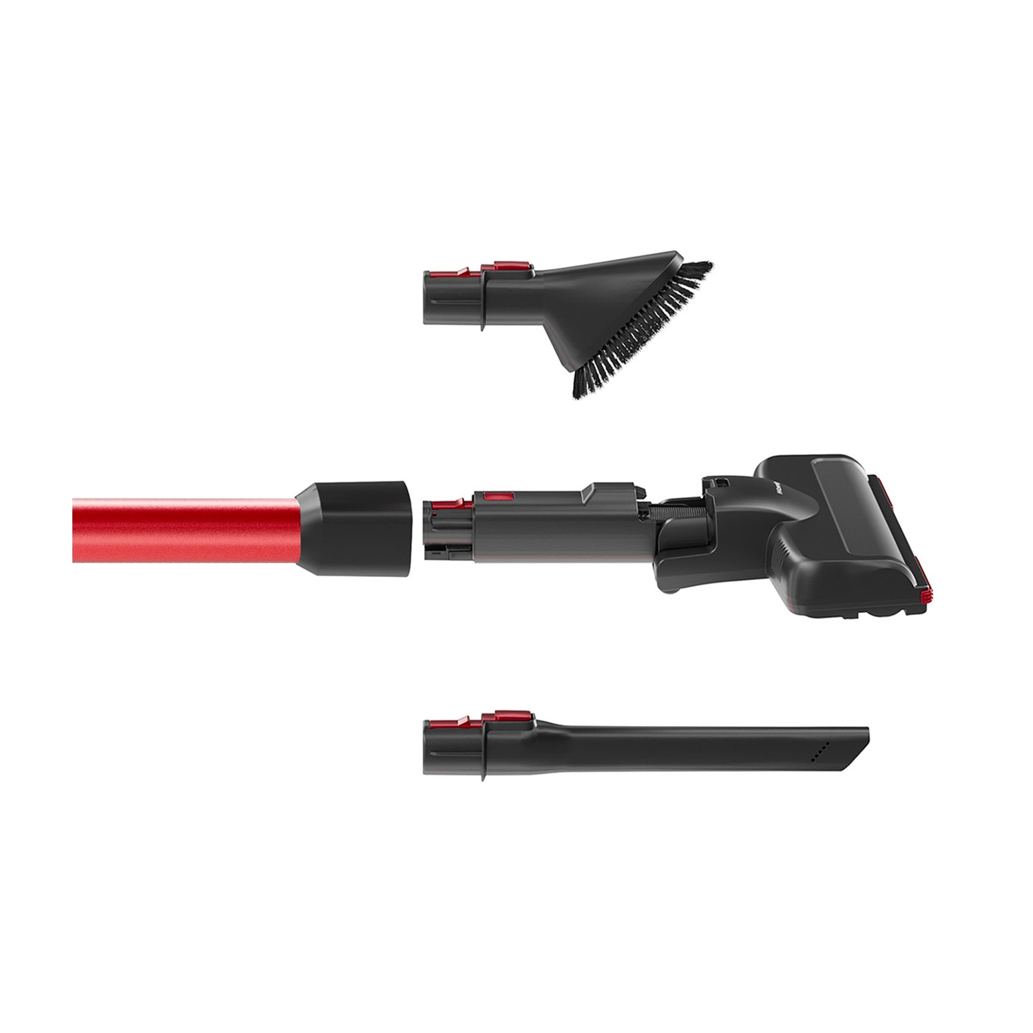 Un manico di aspirapolvere rosso con accessori neri e grigi.