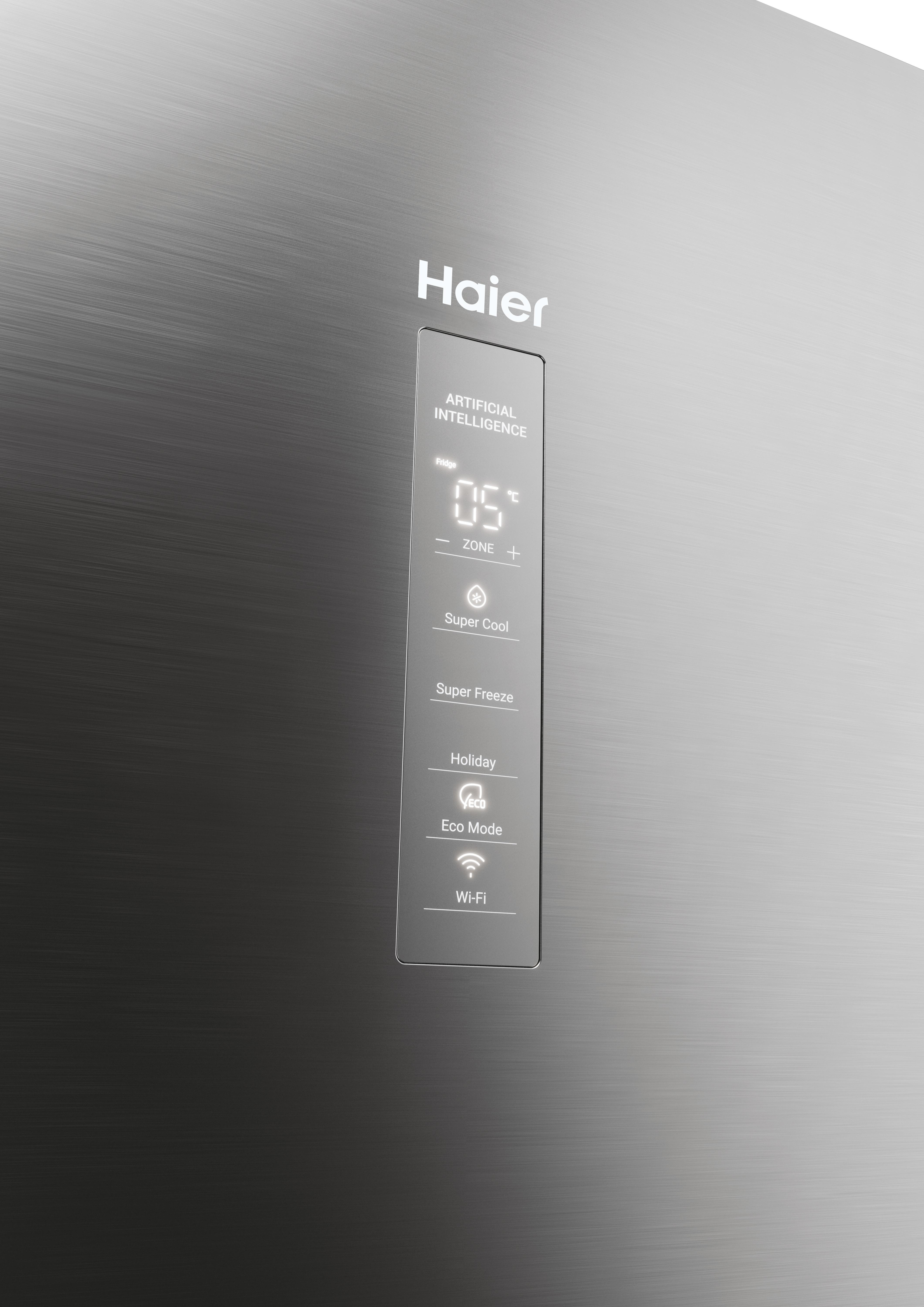 Haier Kühlschrank-Bedienfeld mit KI und Temperaturanzeige.