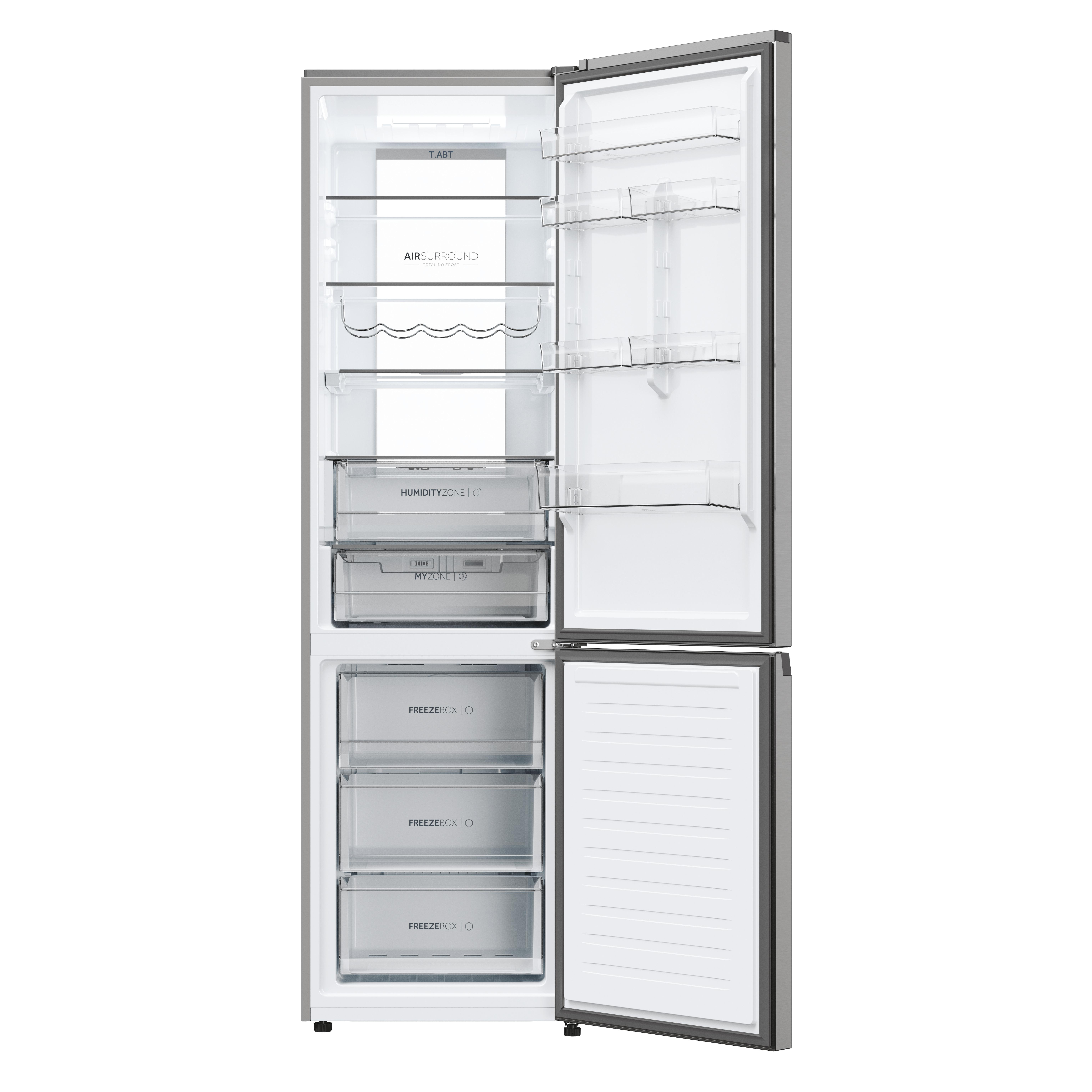 Ein offener Kühlschrank mit mehreren Fächern und Schubladen.