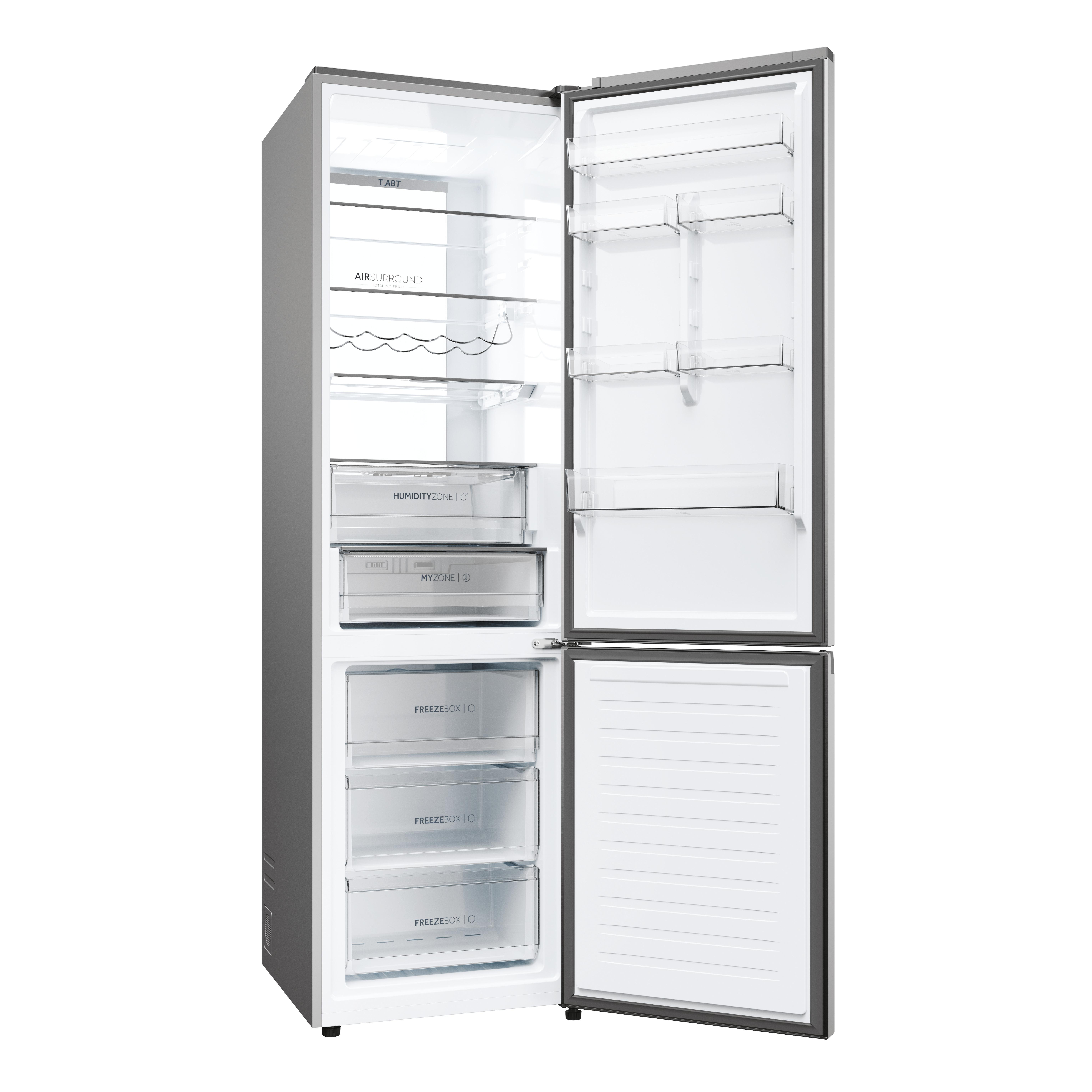 Ein offener, leerer, silber-weißer Kühlschrank mit Glasböden und Schubladen.