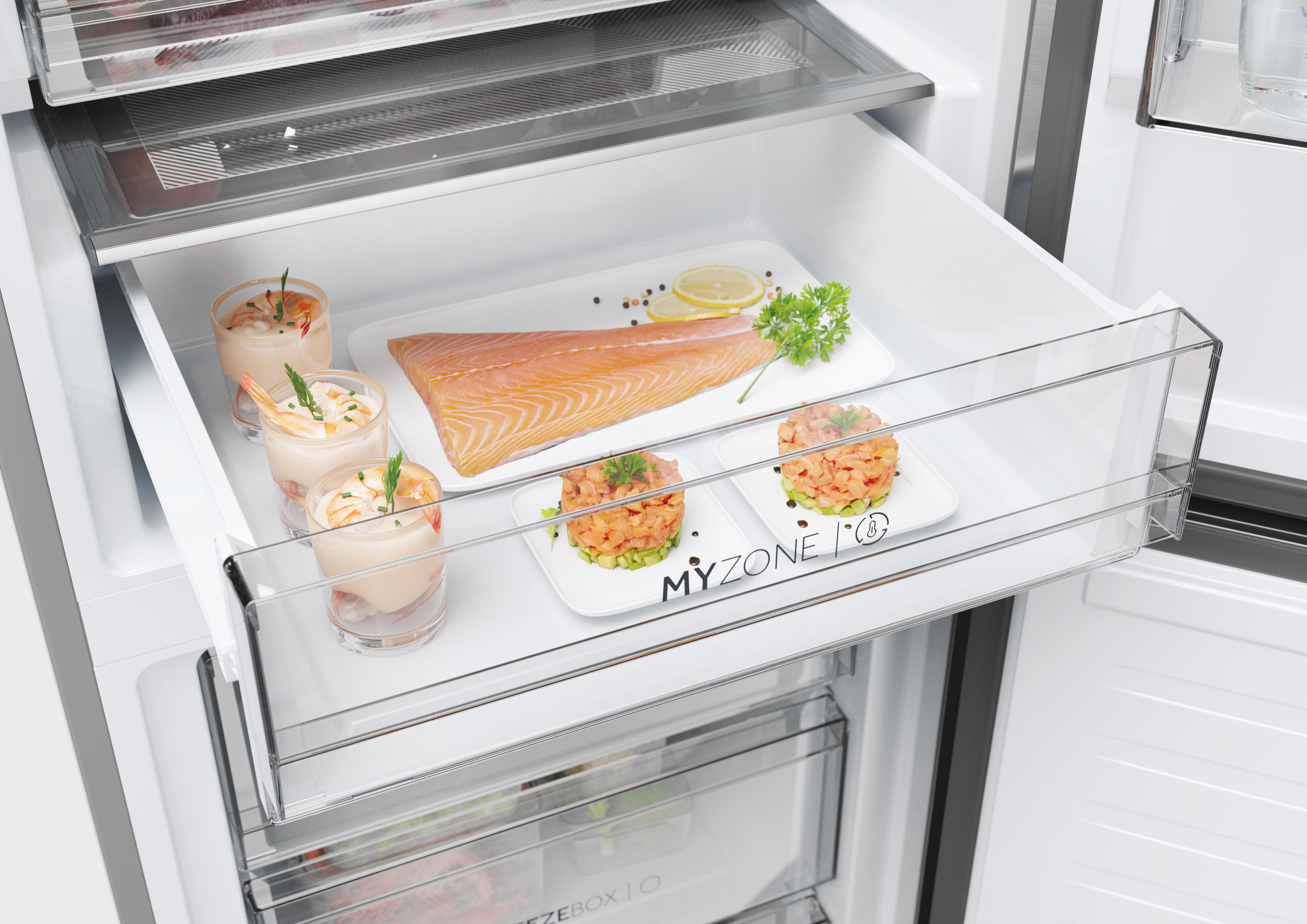 Frische Lebensmittel im Kühlschrank: Lachs, Garnelen-Cocktail, Tartar.