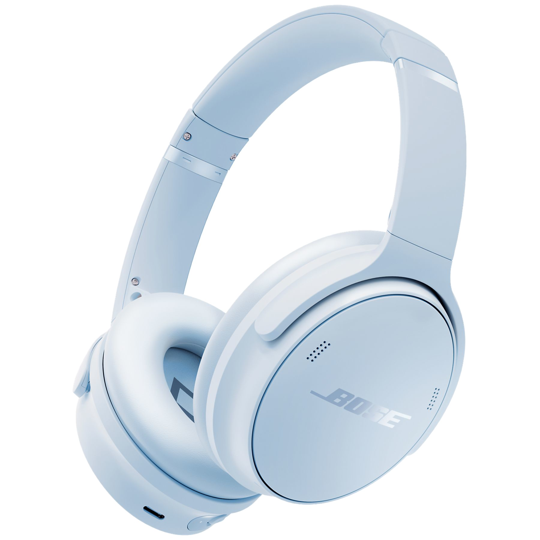 Jasnoniebieskie słuchawki Bose z srebrnym logo na czarnym tle.