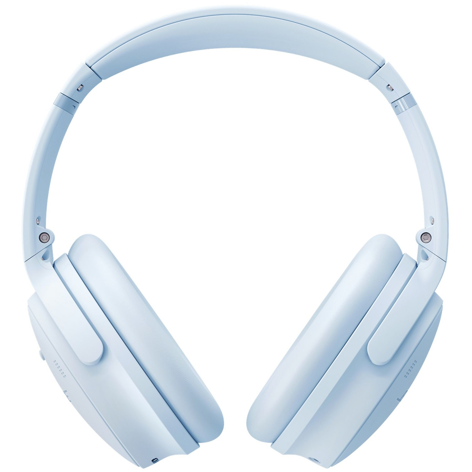 Jasnoniebieskie słuchawki z wyściełanymi nausznikami i regulowanym pałąkiem.