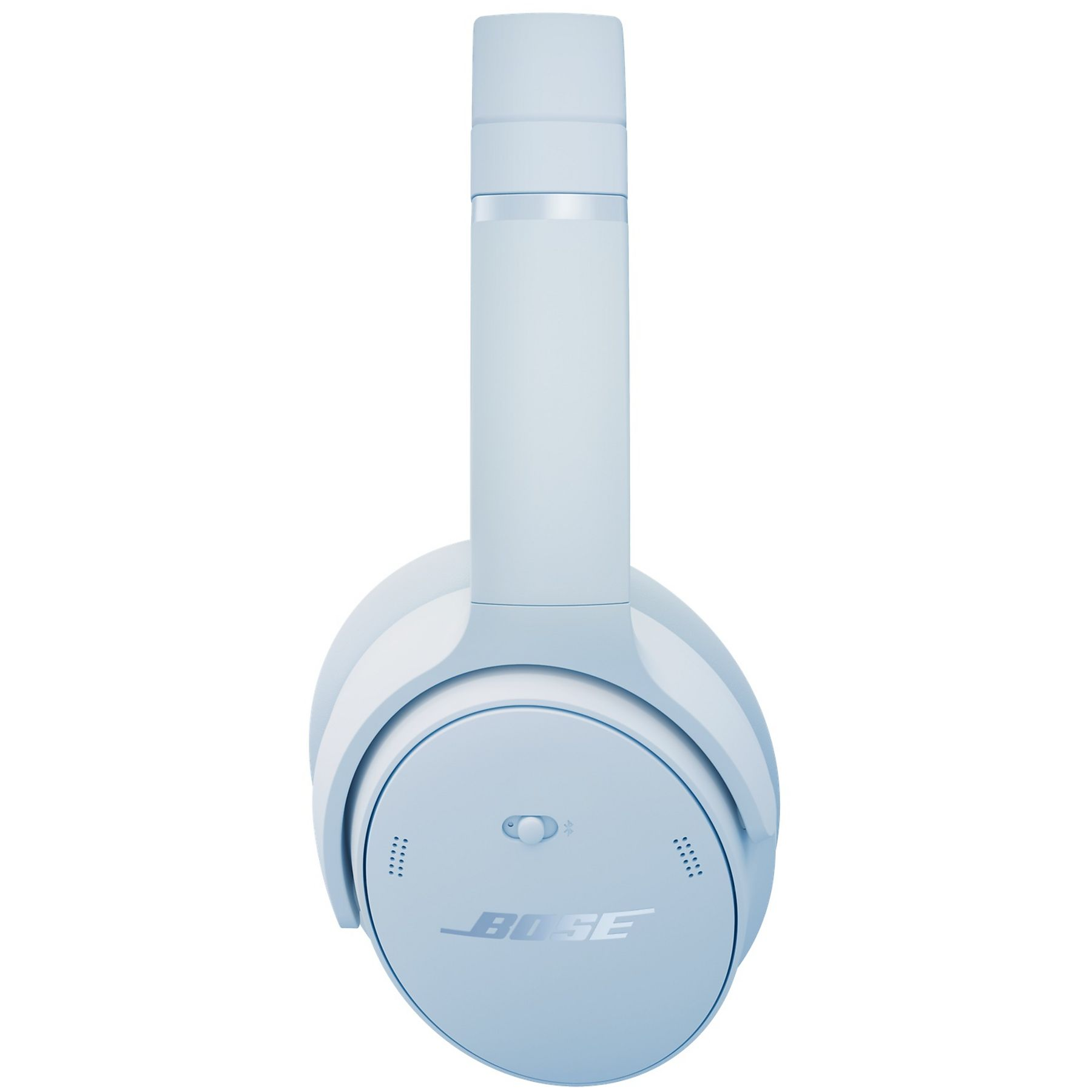 Jasnoniebieskie słuchawki Bose ze srebrnym logo i przyciskami.