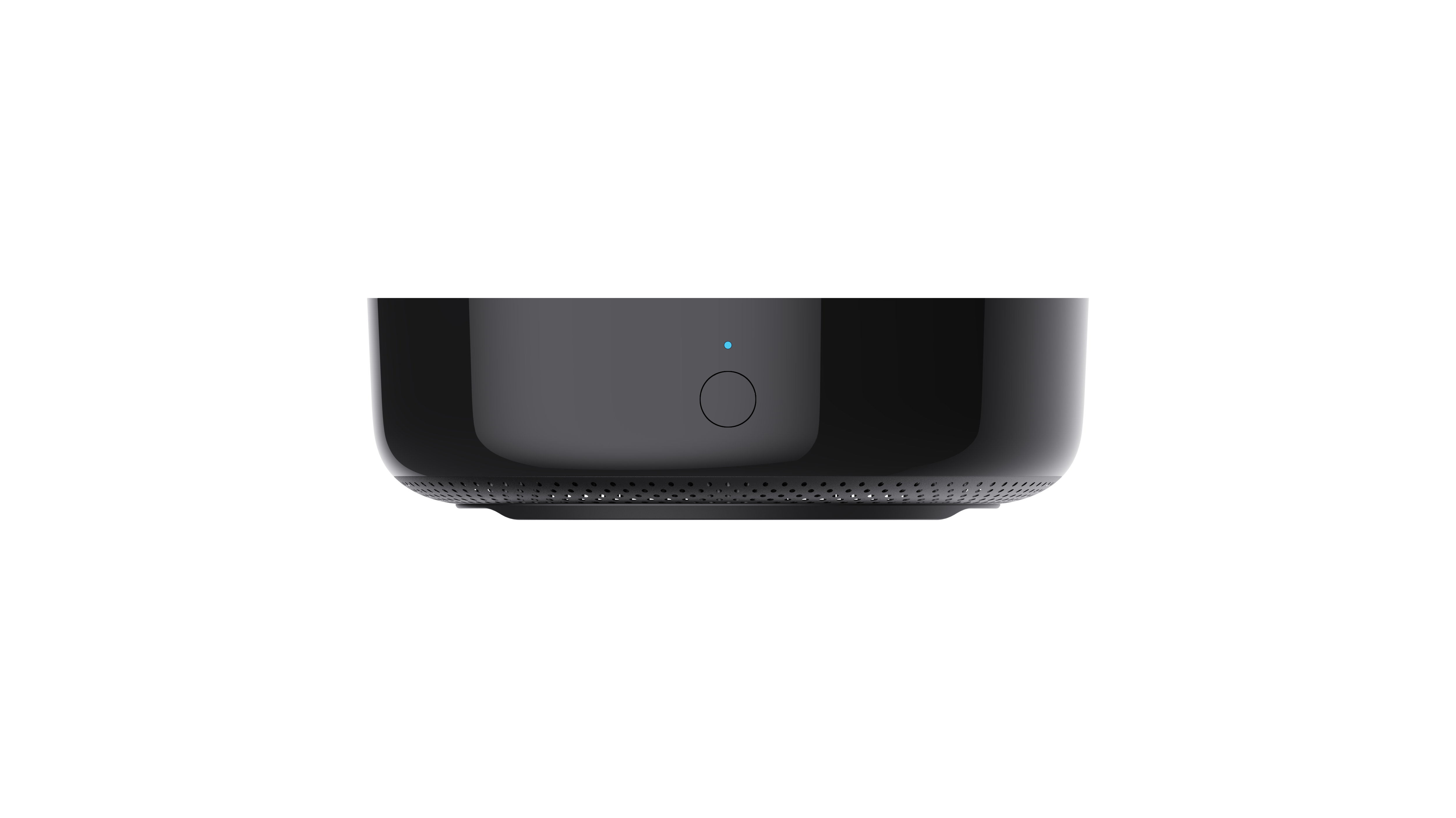 Ein schwarzer, runder Router mit blauer LED und Kreis auf schwarzem Hintergrund.