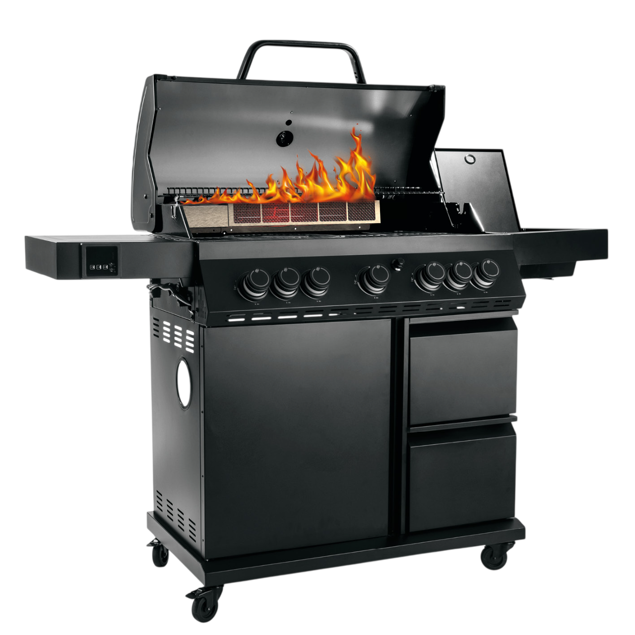Ein schwarzer Gasgrill mit brennenden Flammen über dem Rost.