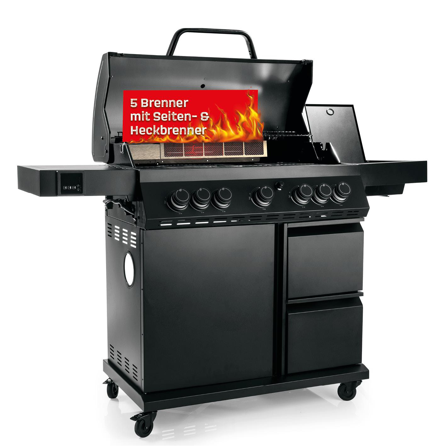 Schwarzer Gasgrill mit offenem Deckel und Flammen auf rotem Schild.