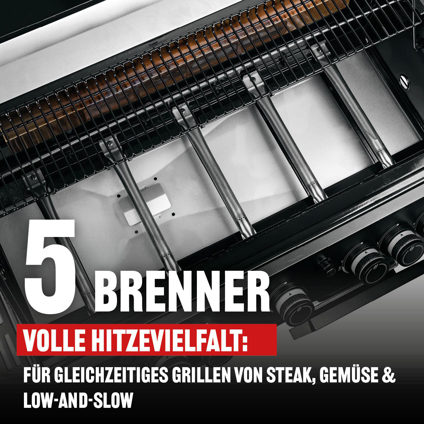 Nahaufnahme eines Gasgrills mit 5 Brennern, der für verschiedene Grillarten geeignet ist.