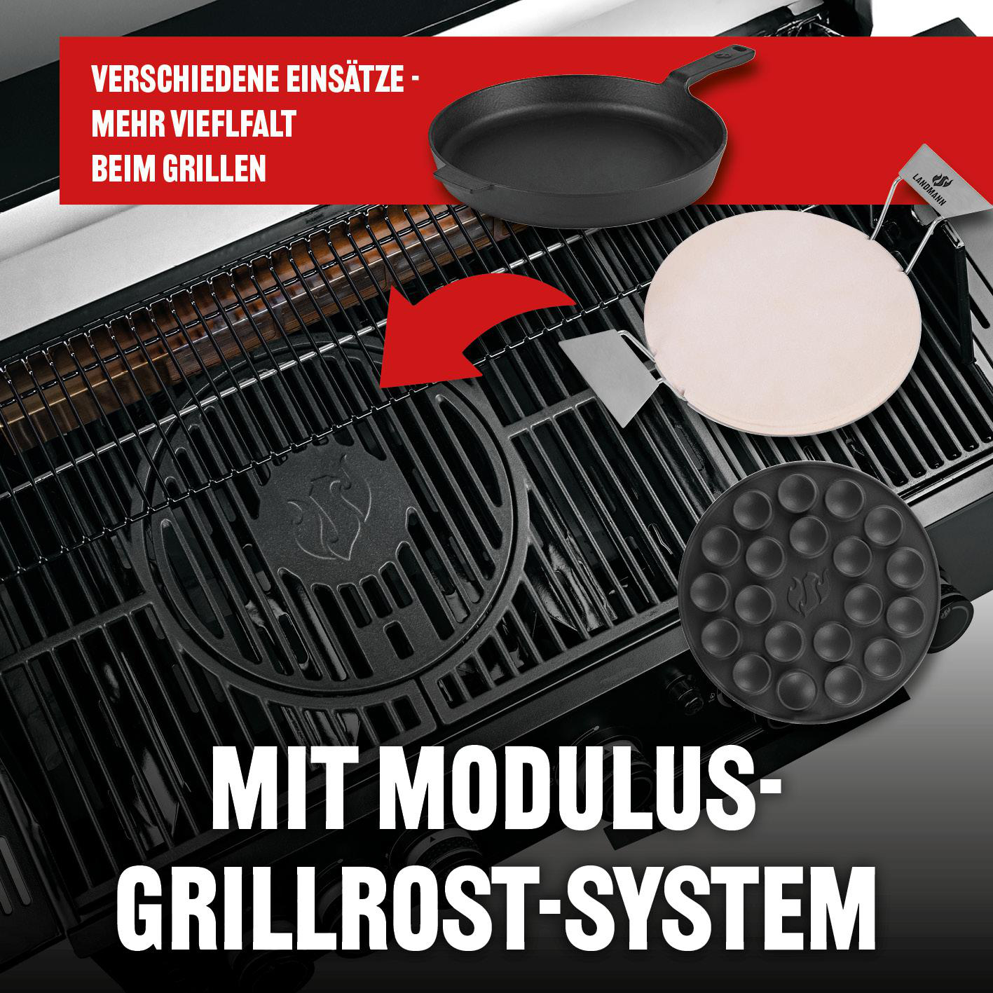 Grillrost mit versch. Einsätzen: Gusseisenpfanne, Pizzastein, Mini-Pfannenform.