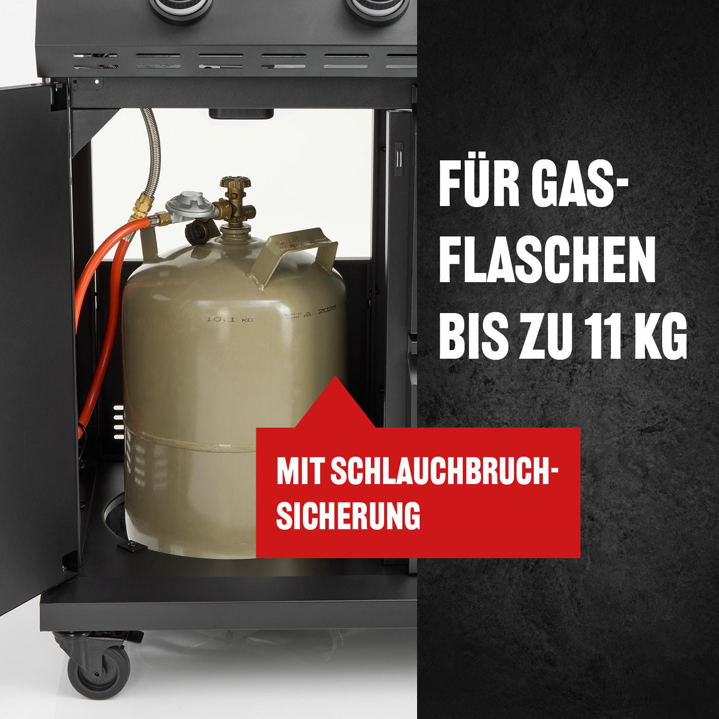 Gasflasche bis 11kg mit Schlauchbruchsicherung in einem Grill.