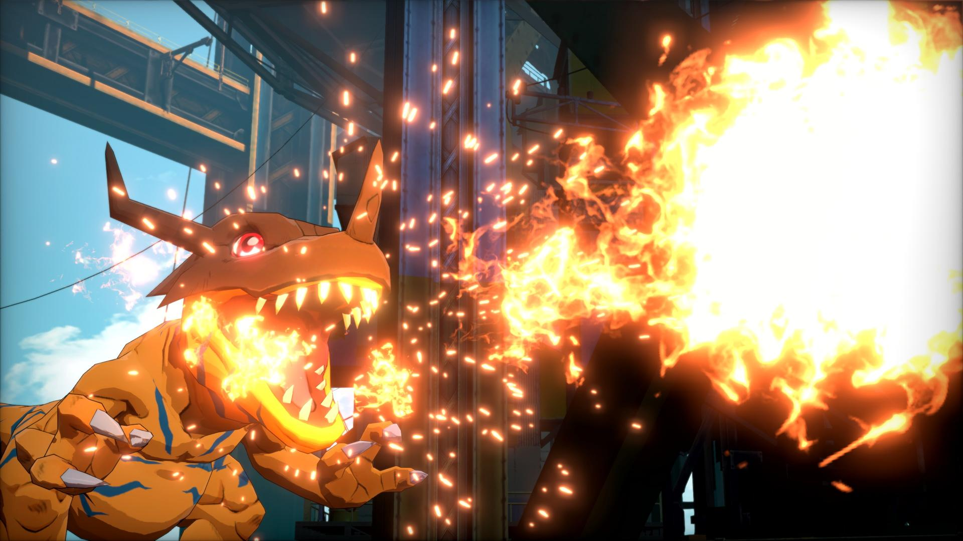 Ein orangefarbener Drache speit Feuer. Funken fliegen umher. Industrielandschaft.