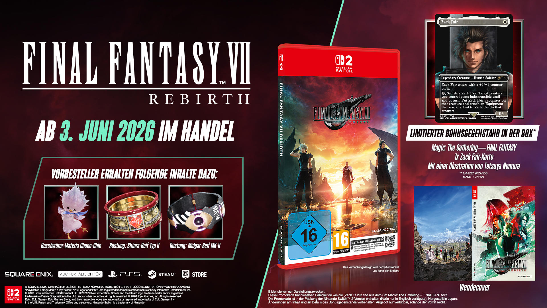 Final Fantasy VII Rebirth Cover mit Spiel, Zack Fair Karte & Boni. Erscheint 03.06.2026.