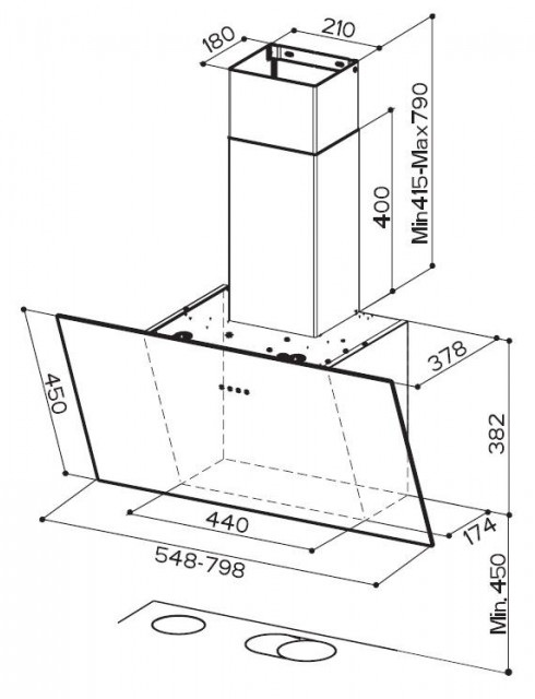 Rysunek techniczny okapu kuchennego z wymiarami.