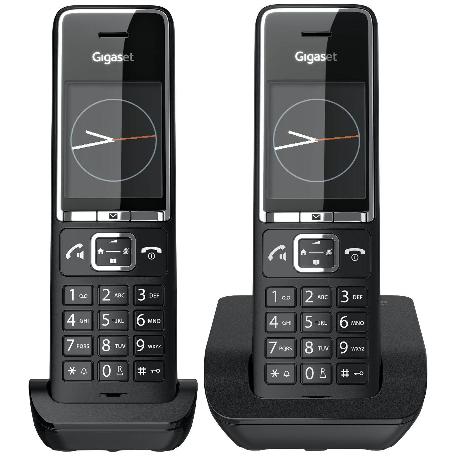 Twee draadloze Gigaset telefoons, één op een laadstation. Zwart.