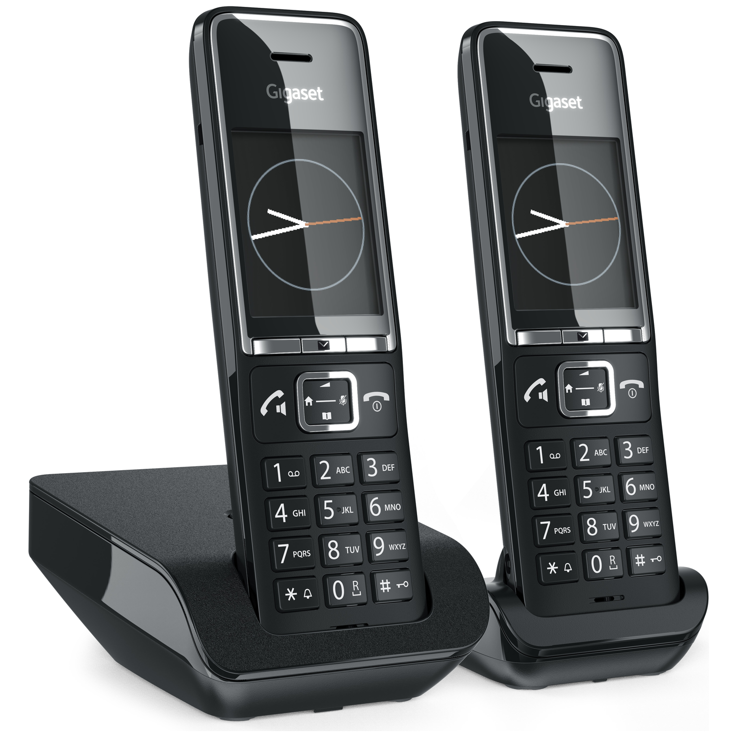 Twee zwarte Gigaset draadloze telefoons op laadstations.