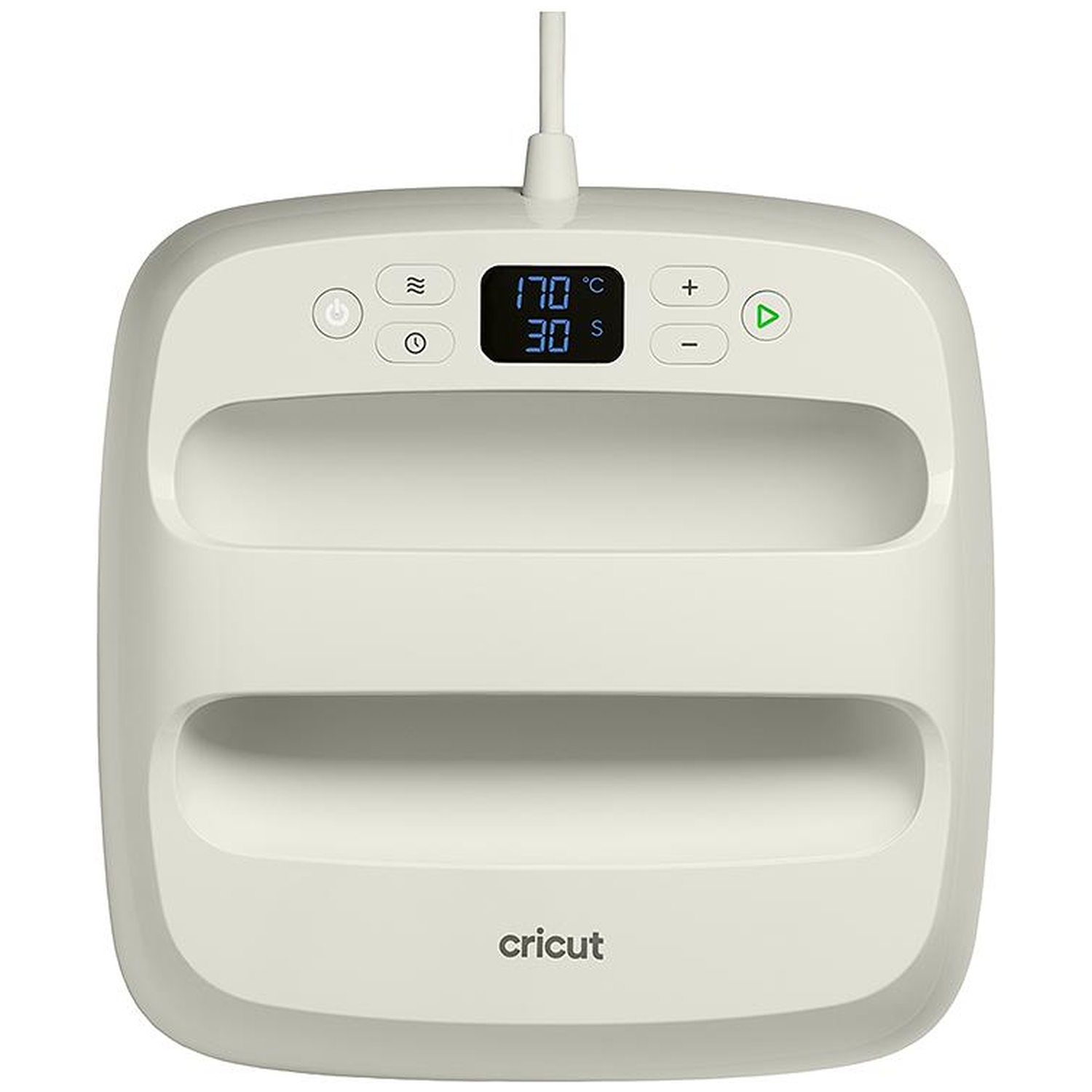 A cream-colored Cricut heat press machine with a digital display showing 170°C and 30s.
