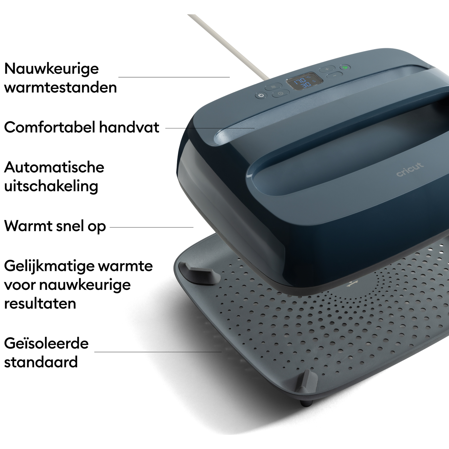 Dark blue heat press with digital display and handle. Insulated base.