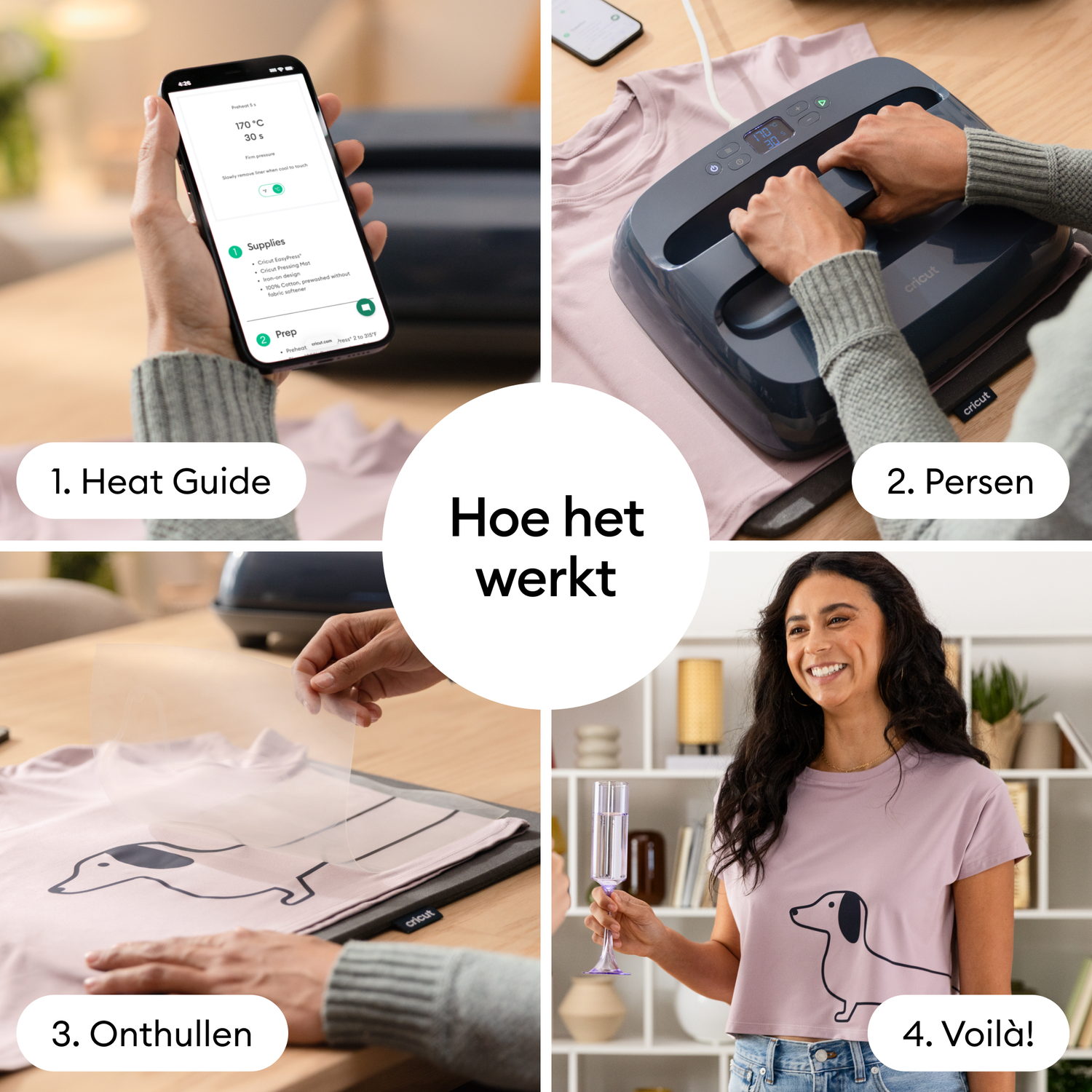Four steps: Heat Guide, Press, Reveal, Done. Shows Cricut product application.