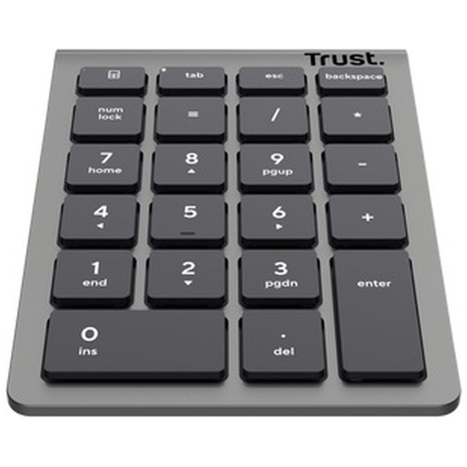 A grey Trust number pad with labeled keys.