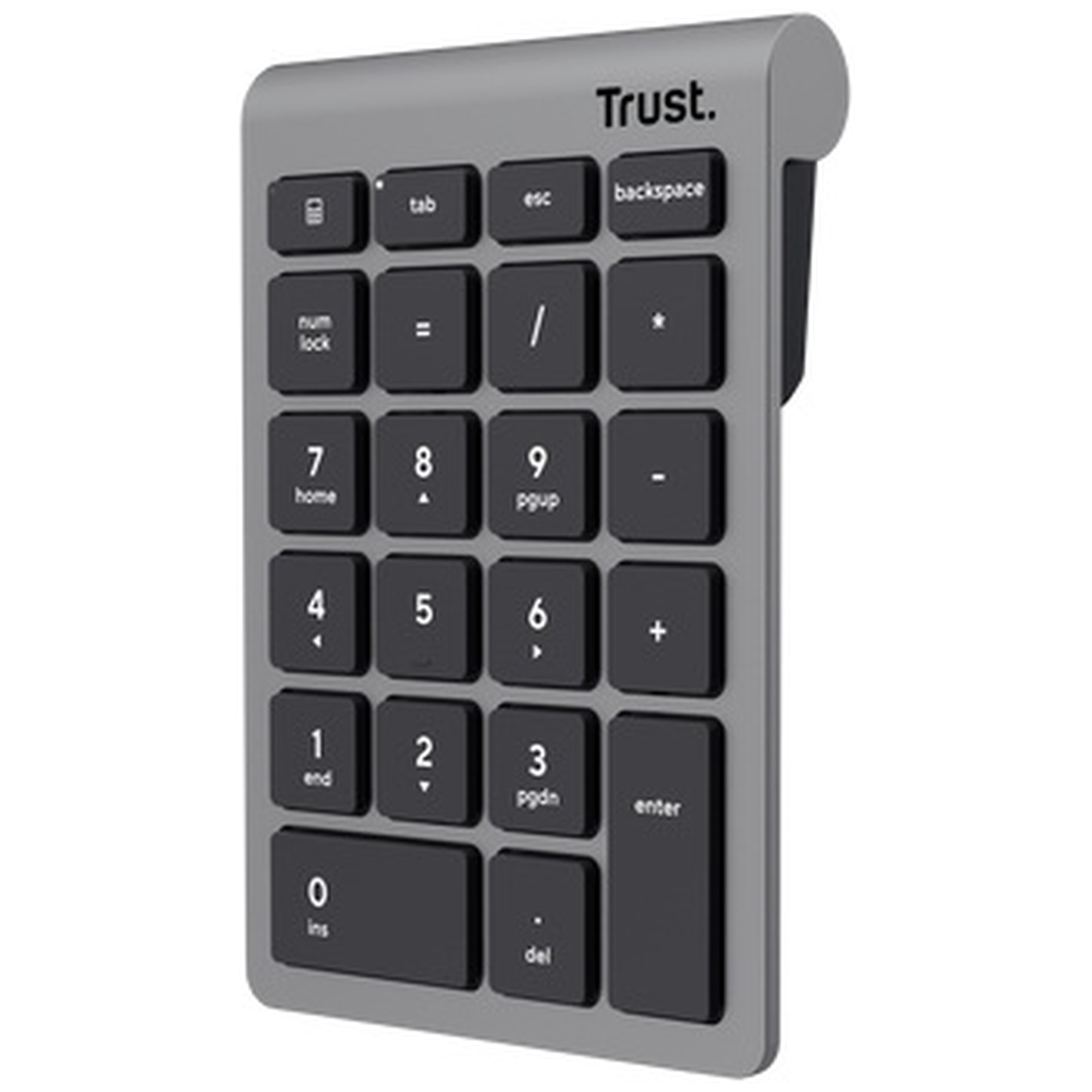 Gray Trust number pad keyboard with black keys and logo at the top.