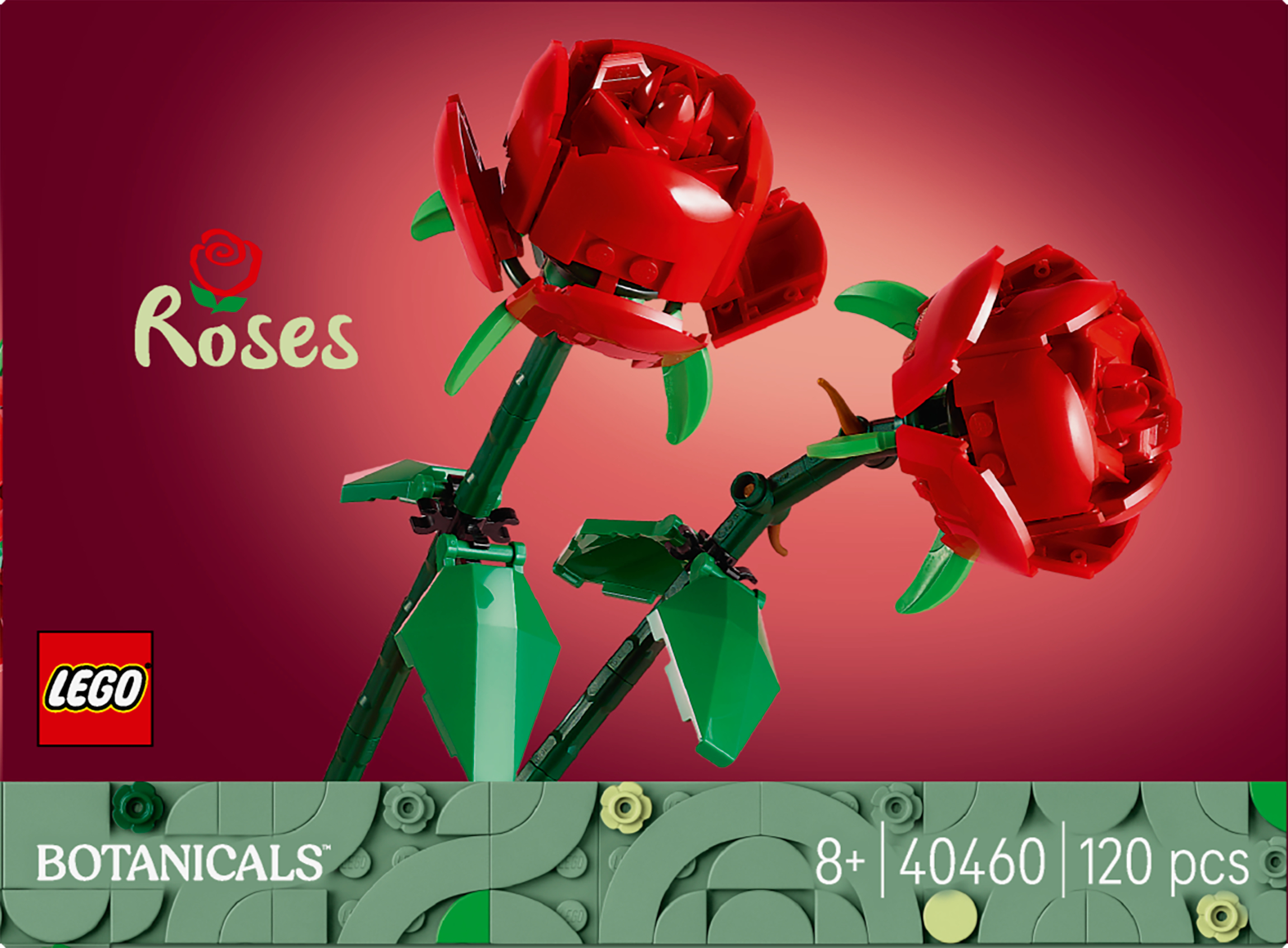 Zwei rote Lego-Rosen mit grünen Stielen und Blättern auf rotem Grund.