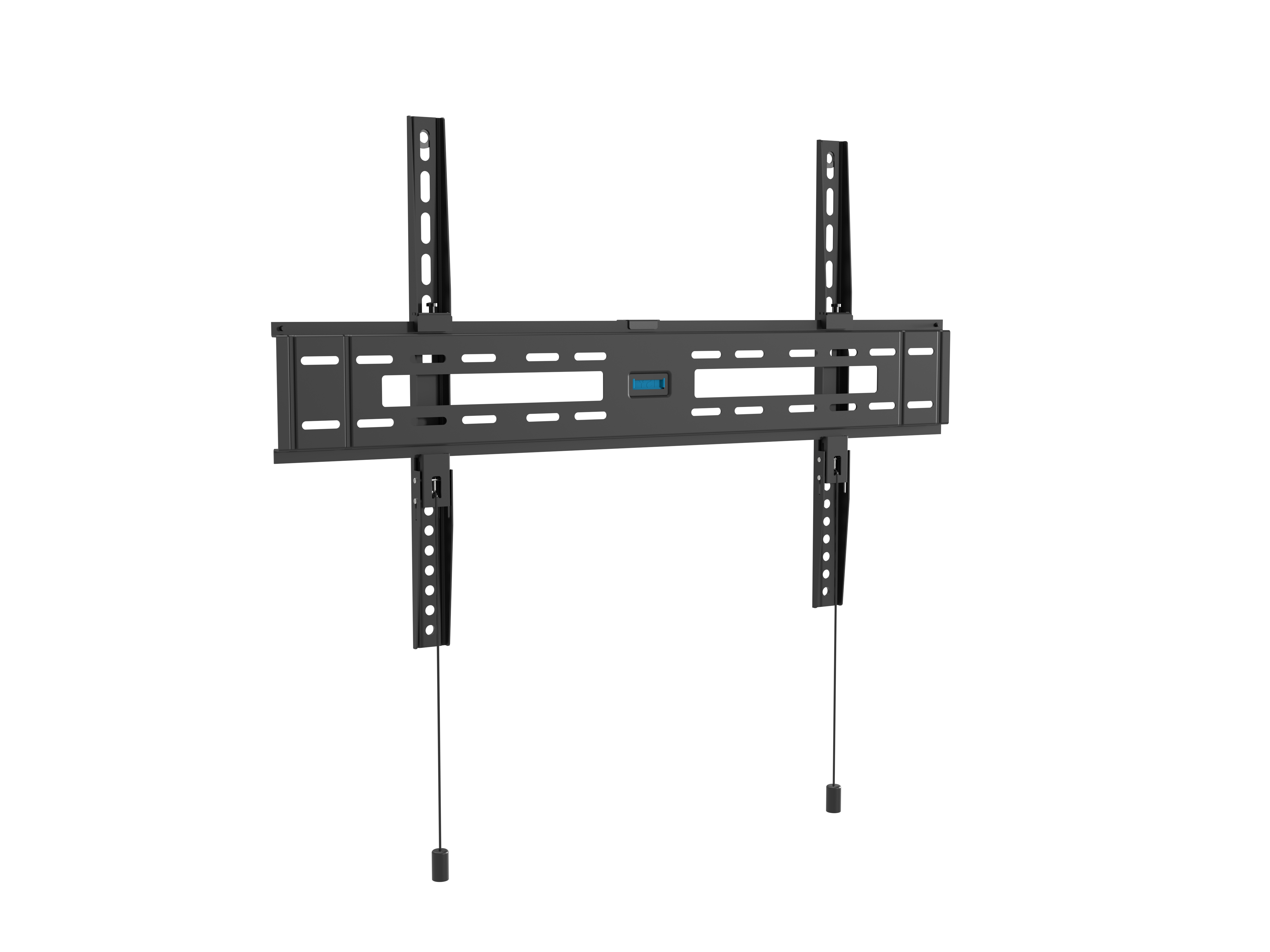Schwarze TV-Wandhalterung mit verstellbaren Armen und integrierter Wasserwaage.
