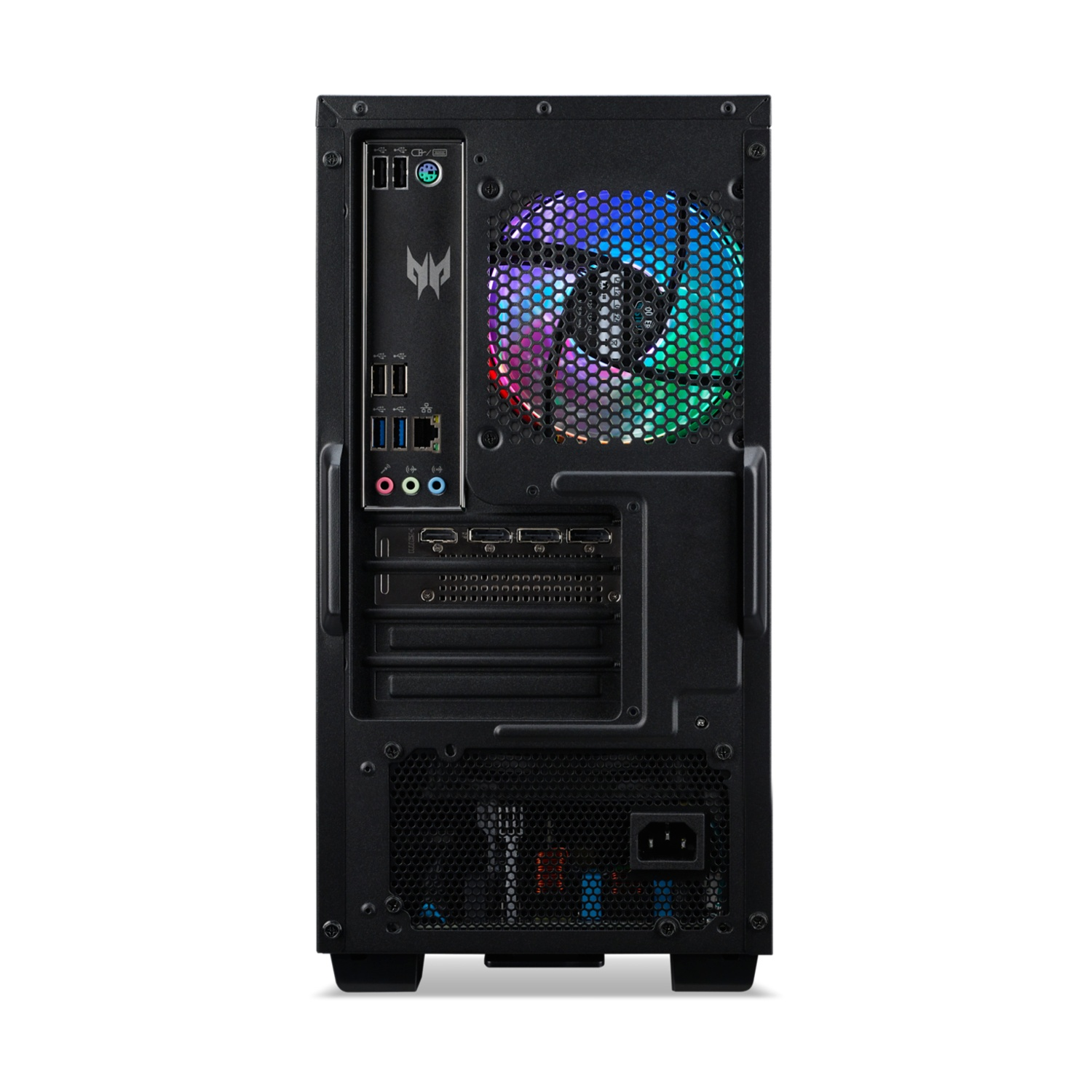 Retro di un PC nero con diverse porte e una ventola colorata.