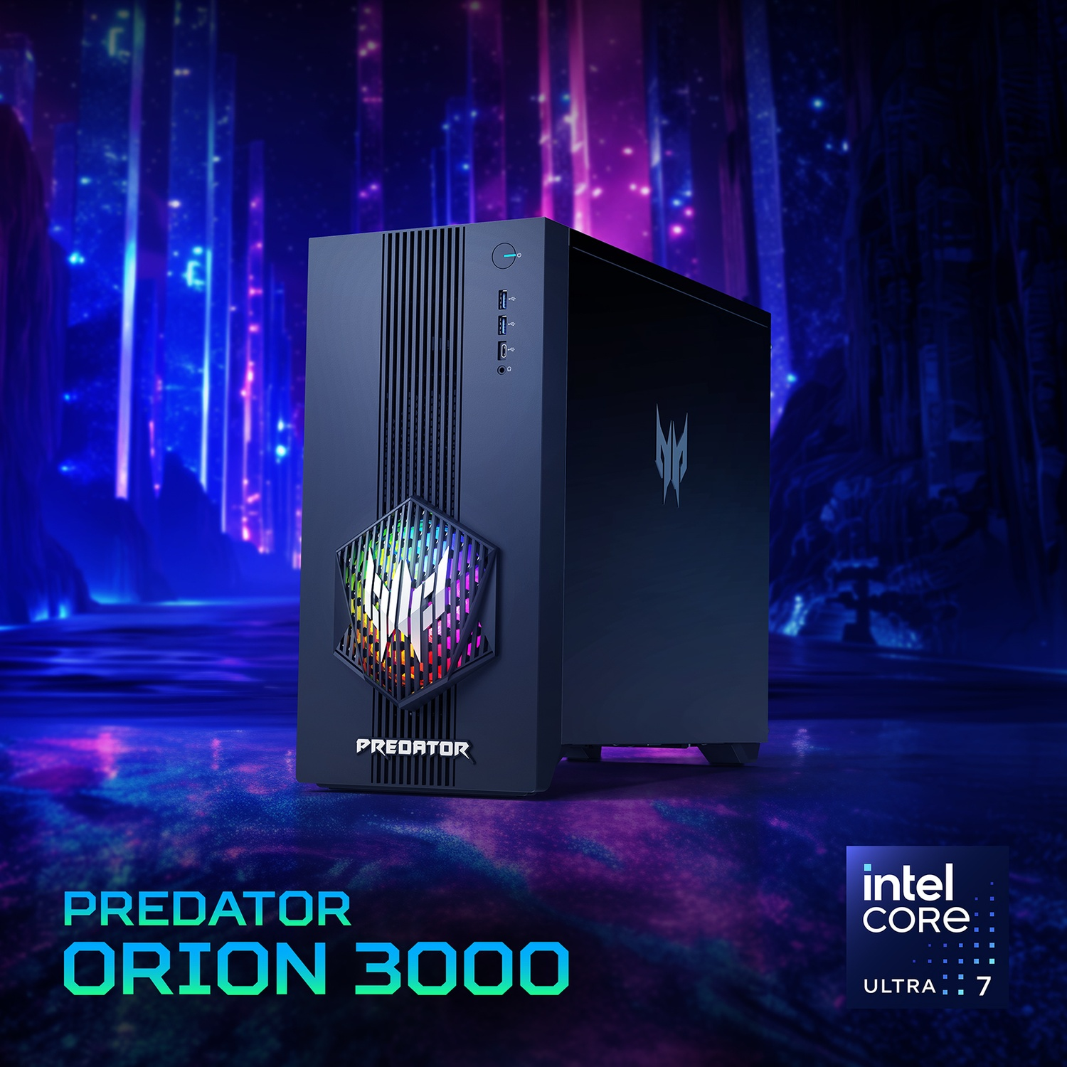 Un PC da gaming nero Predator Orion 3000 con illuminazione RGB, su uno sfondo astratto blu e viola.