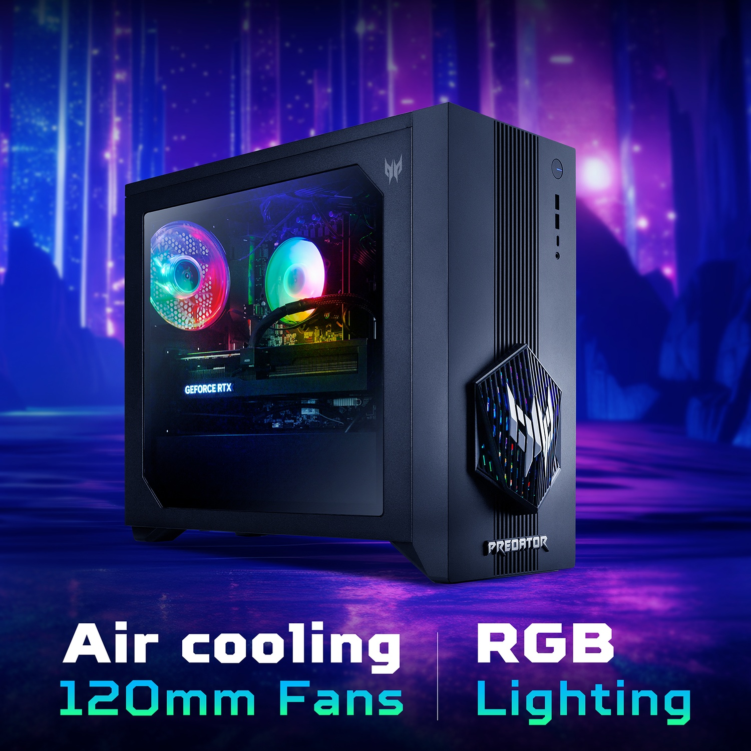 Un PC da gaming nero con ventole RGB e logo Predator illuminato.