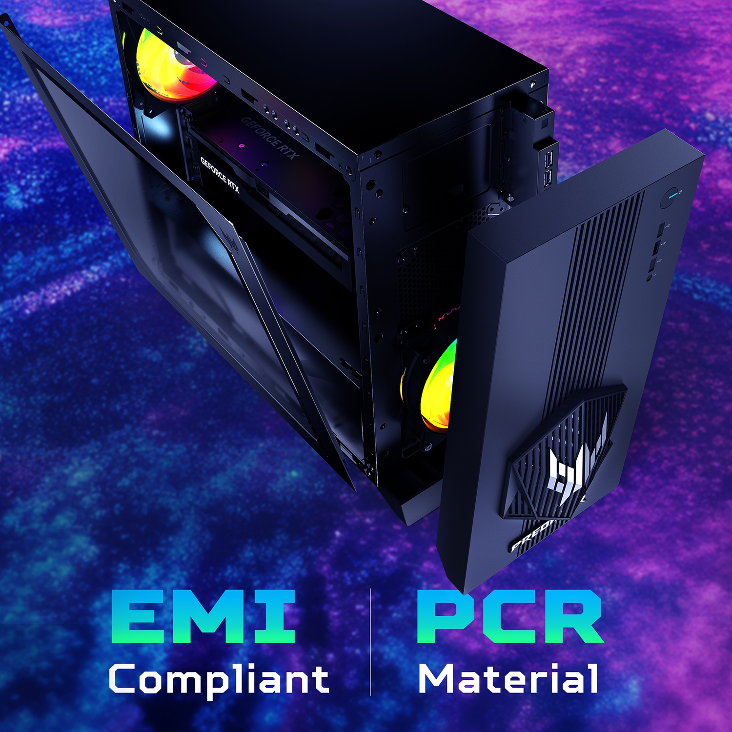 Tower PC nero con pannello laterale aperto, ventole RGB e scheda grafica RTX.
