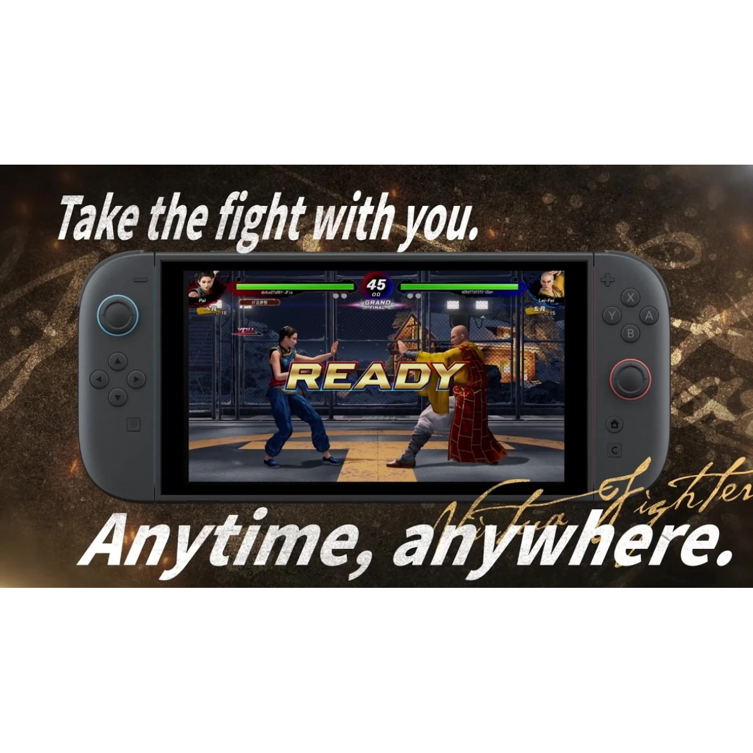 A handheld gaming system displays a fighting game with two fighters. Ready.