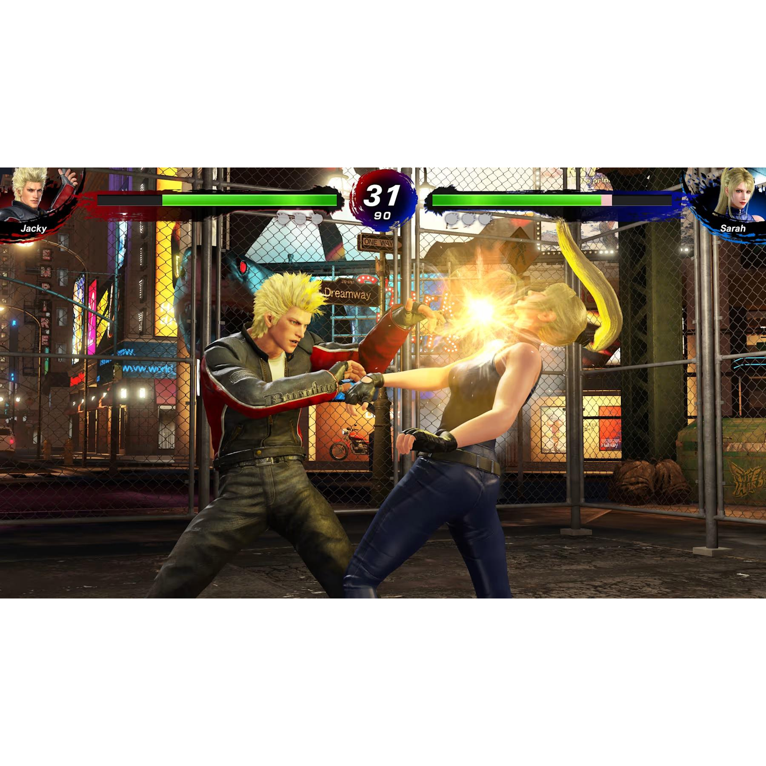 Jacky strikes Sarah in a fight on a night street. Game displays are at the top.