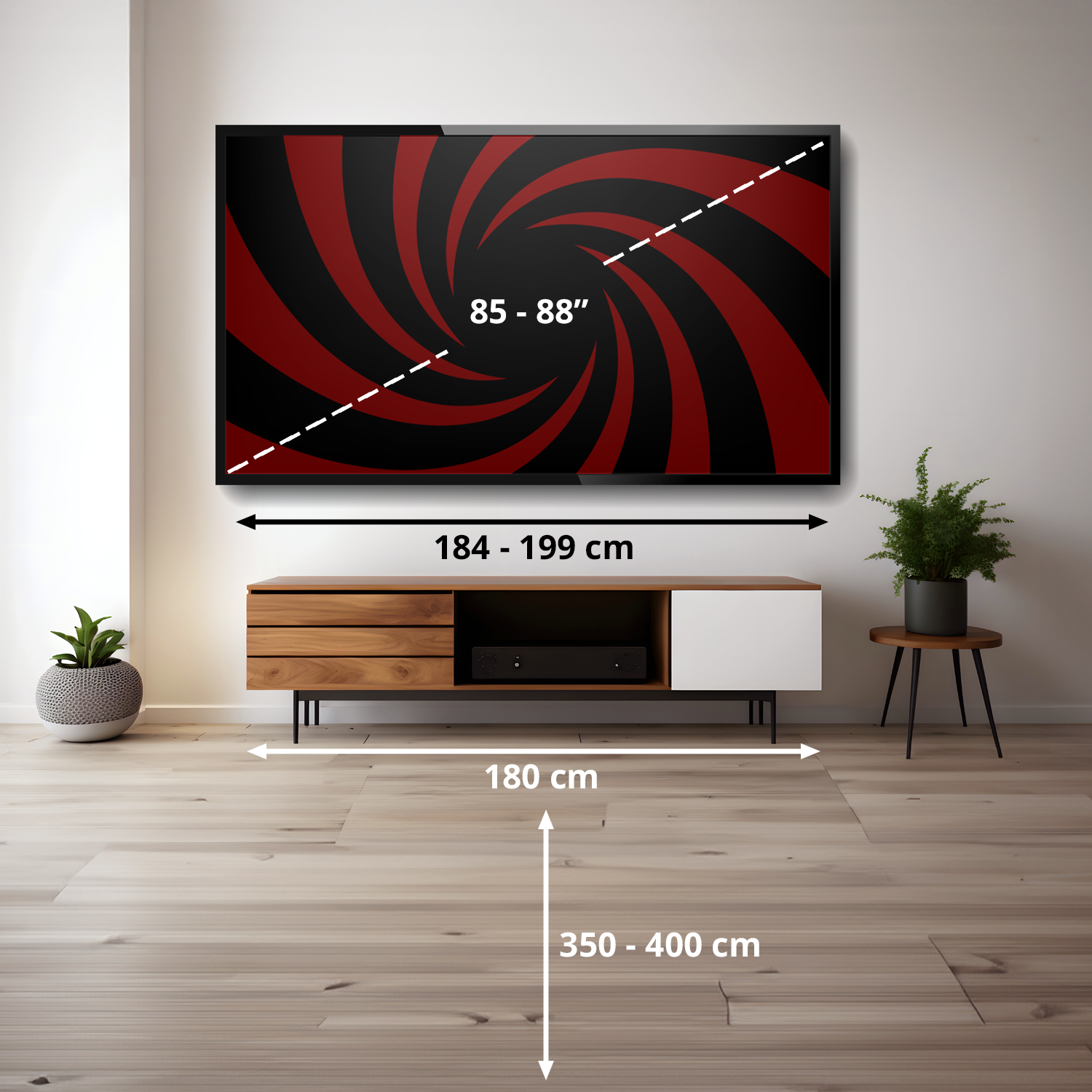 Un televisor grande con un patrón de remolino sobre un mueble bajo.
