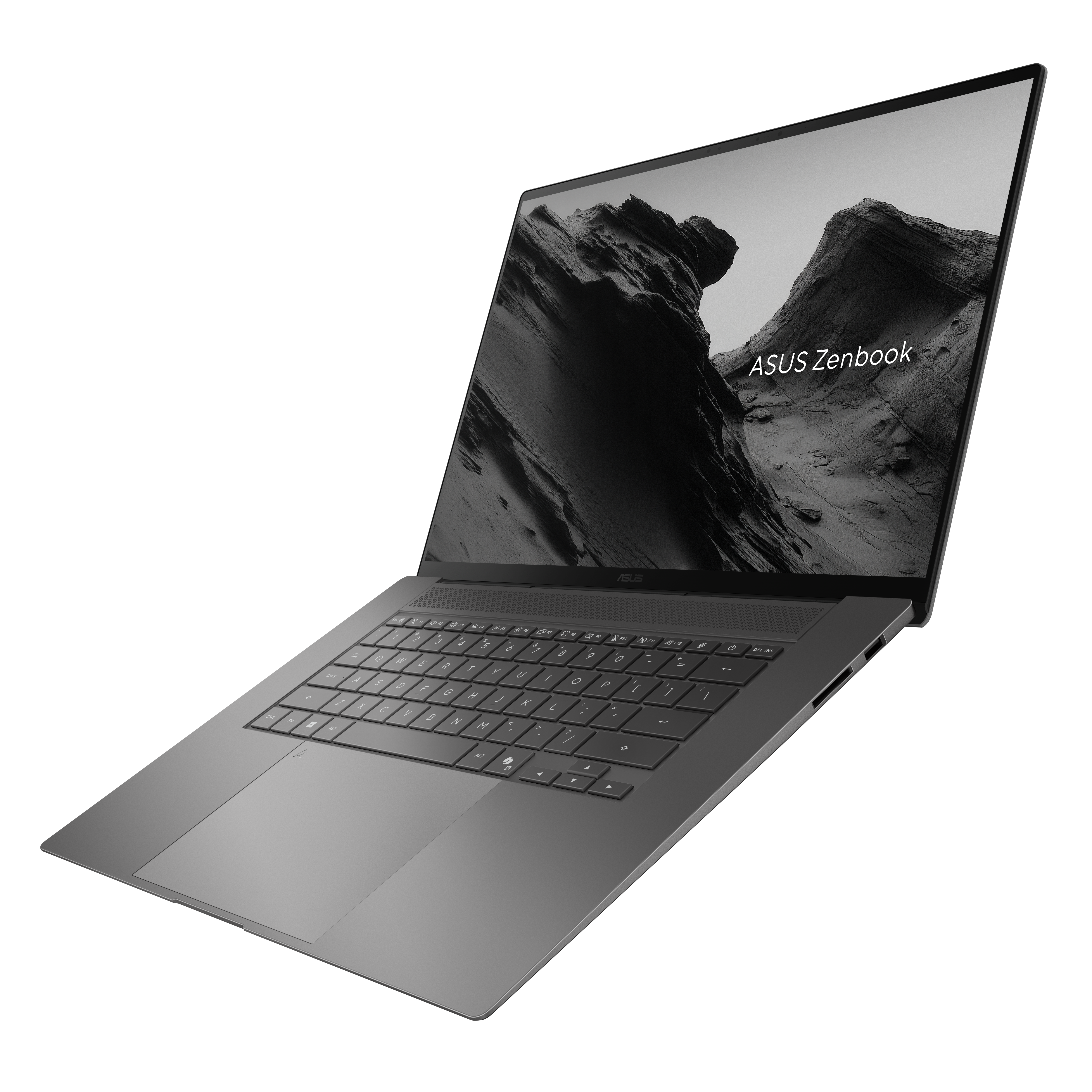 Ein geöffneter grauer Asus Zenbook Laptop mit Landschaftsbild auf dem Bildschirm.