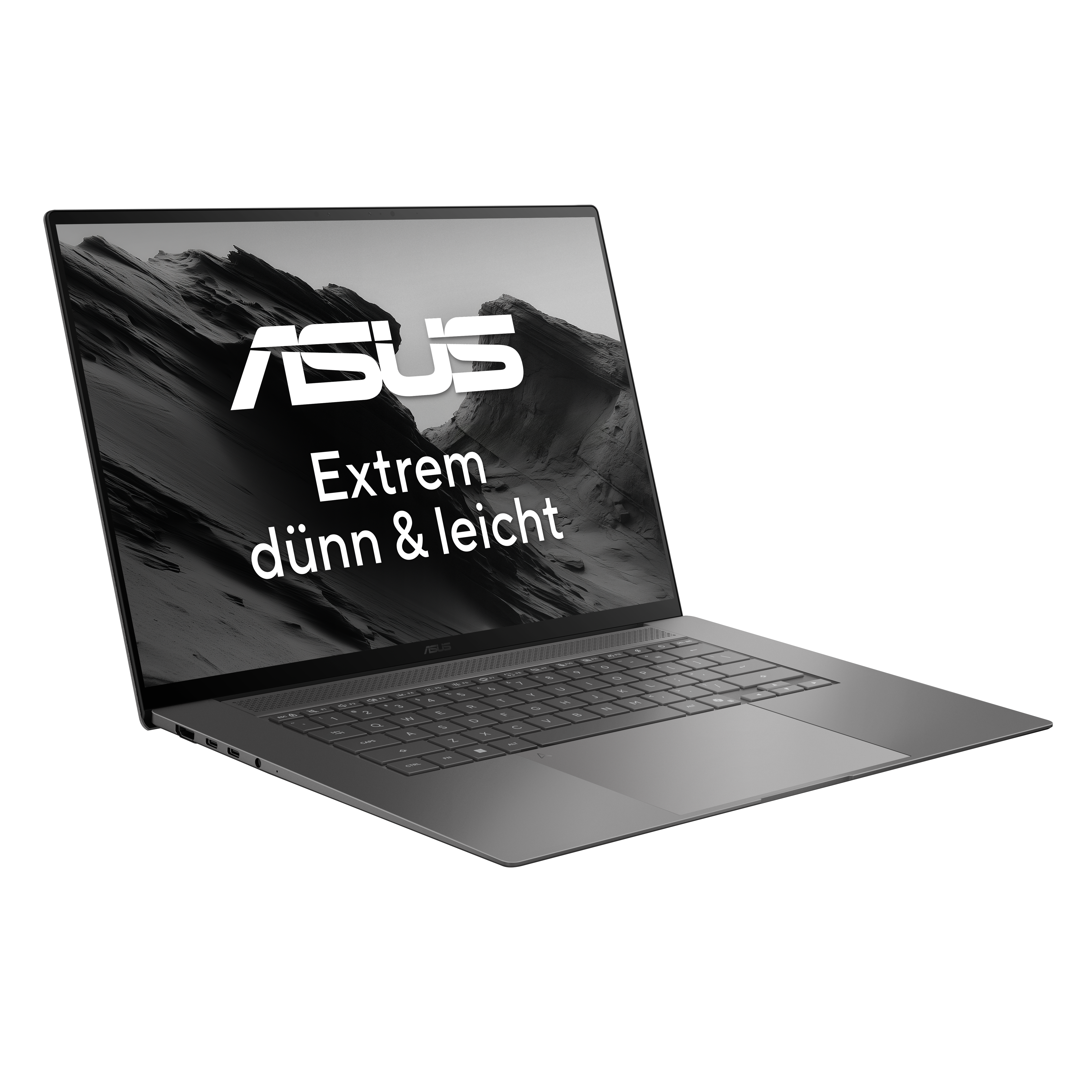 Ein graues ASUS Notebook mit dem Schriftzug 'Extrem dünn & leicht'.