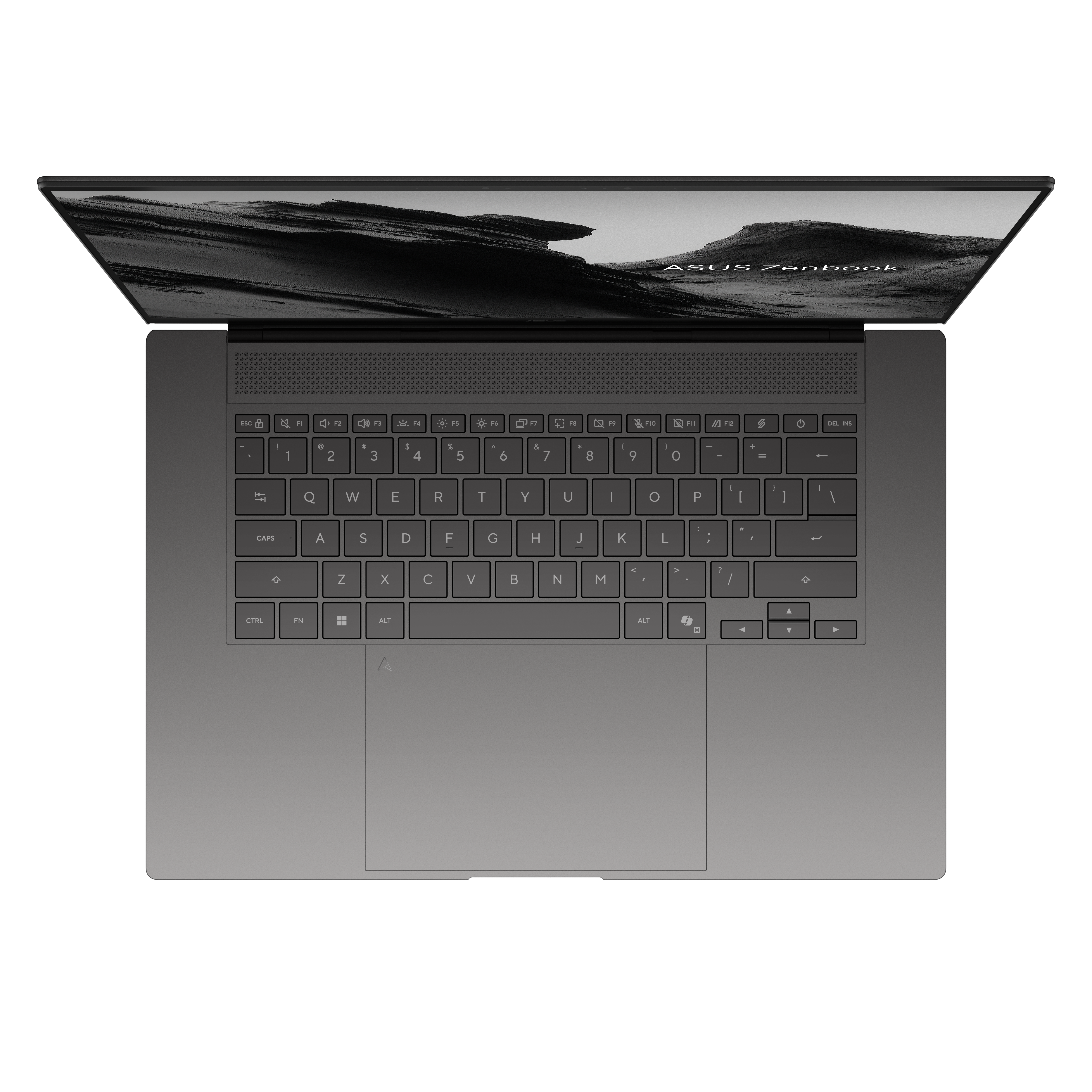 Ein geöffneter grauer Asus Zenbook Laptop mit Tastatur und Touchpad.