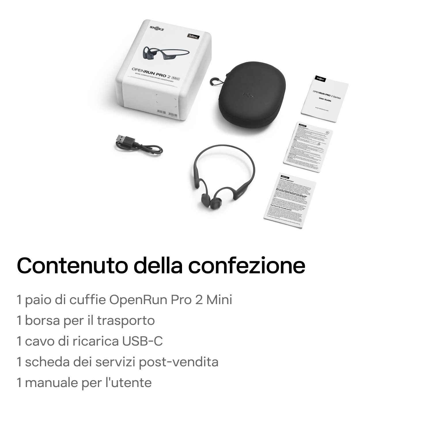 Contenuto: Cuffie, custodia, cavo USB-C, scheda servizi, manuale.