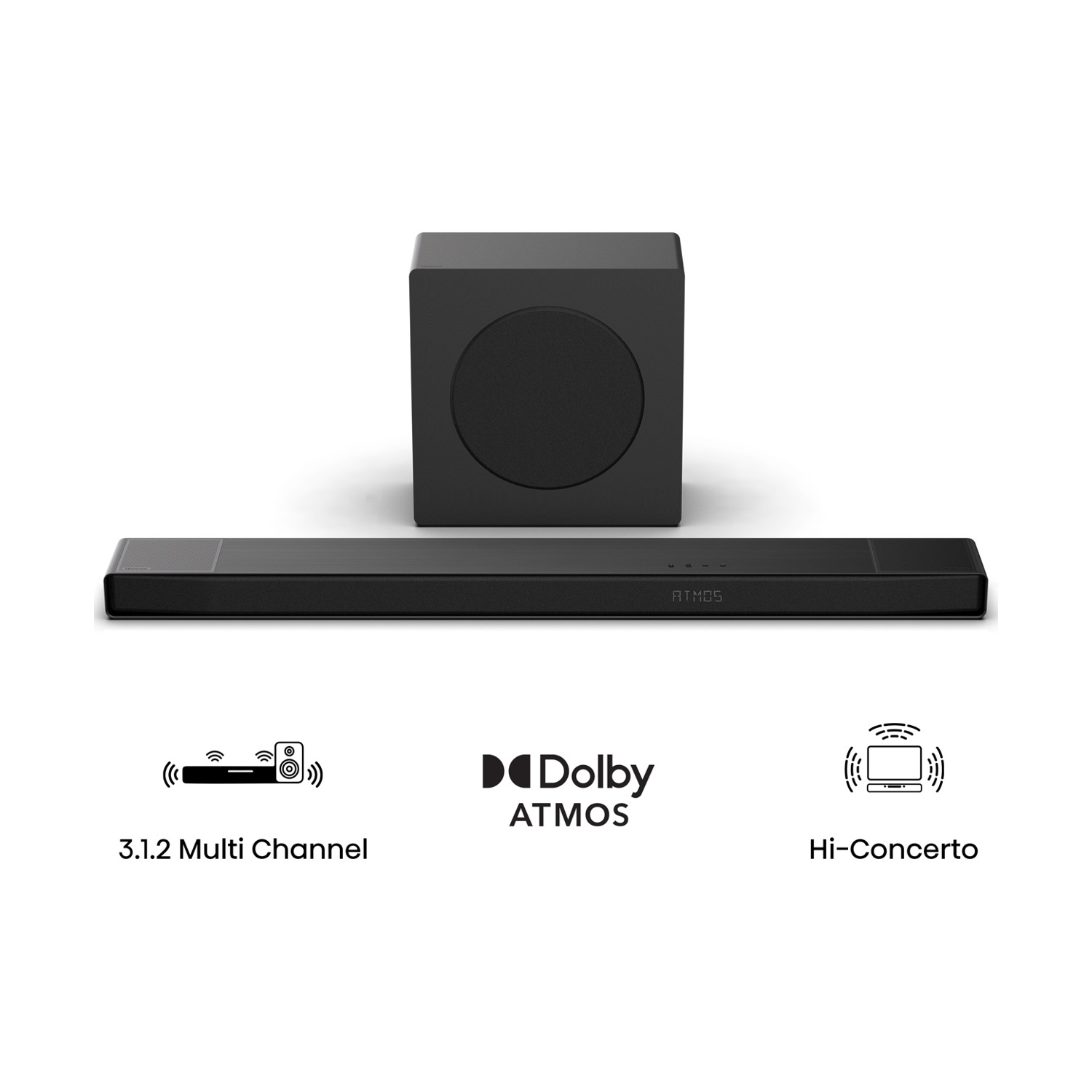 Soundbar e subwoofer neri con icone Dolby Atmos.